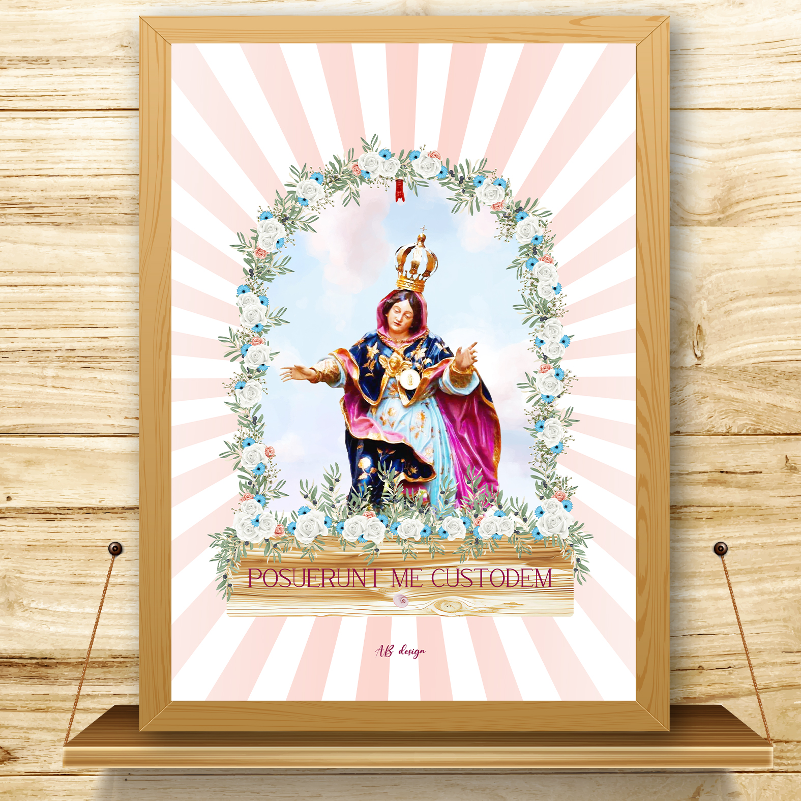 présentation affiche vierge madonuccia + fond rayures roses