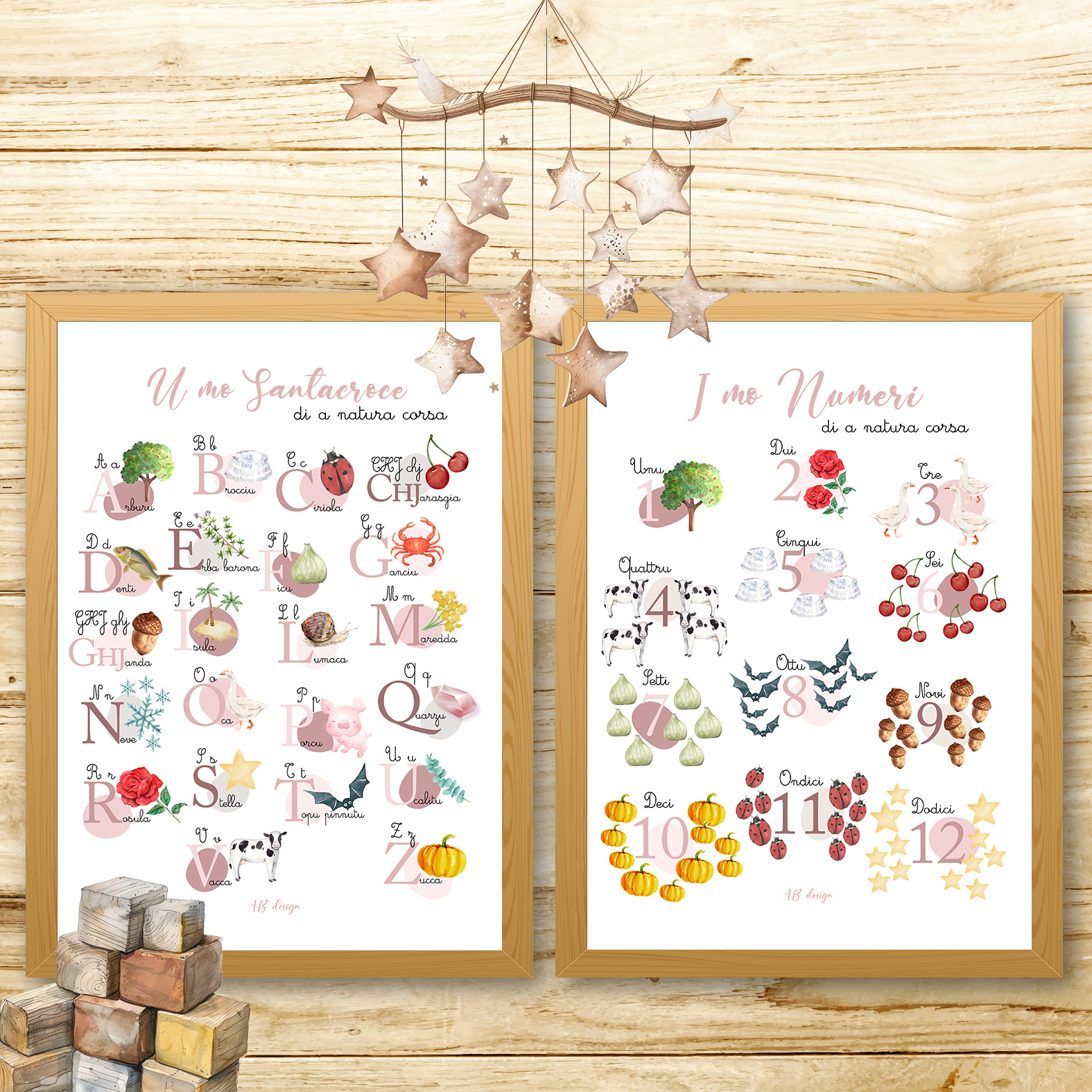 présentation affiche A3 duo abécédaire + chiffres rose