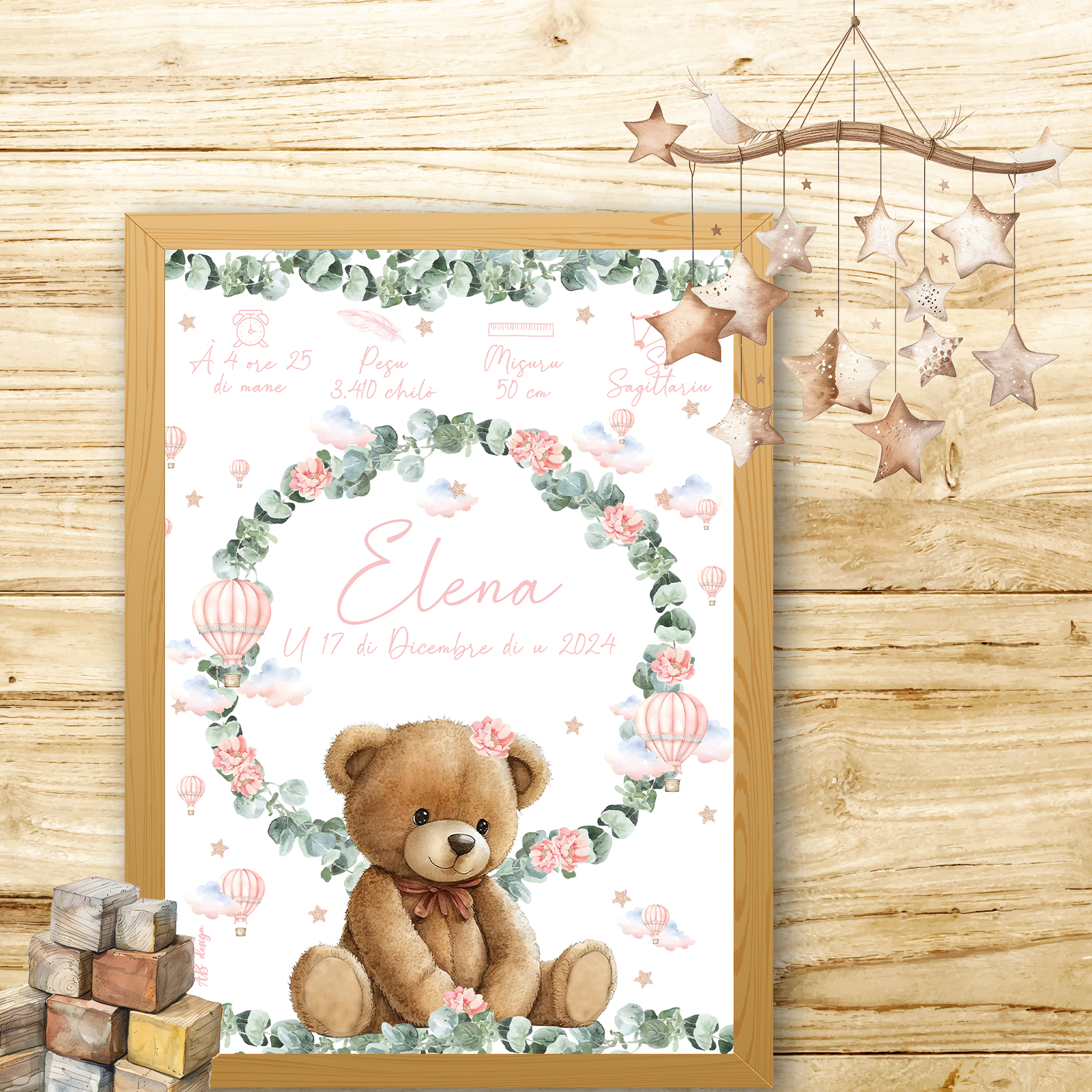 présentation affiche naissance nounours montgolfière euca pivoines