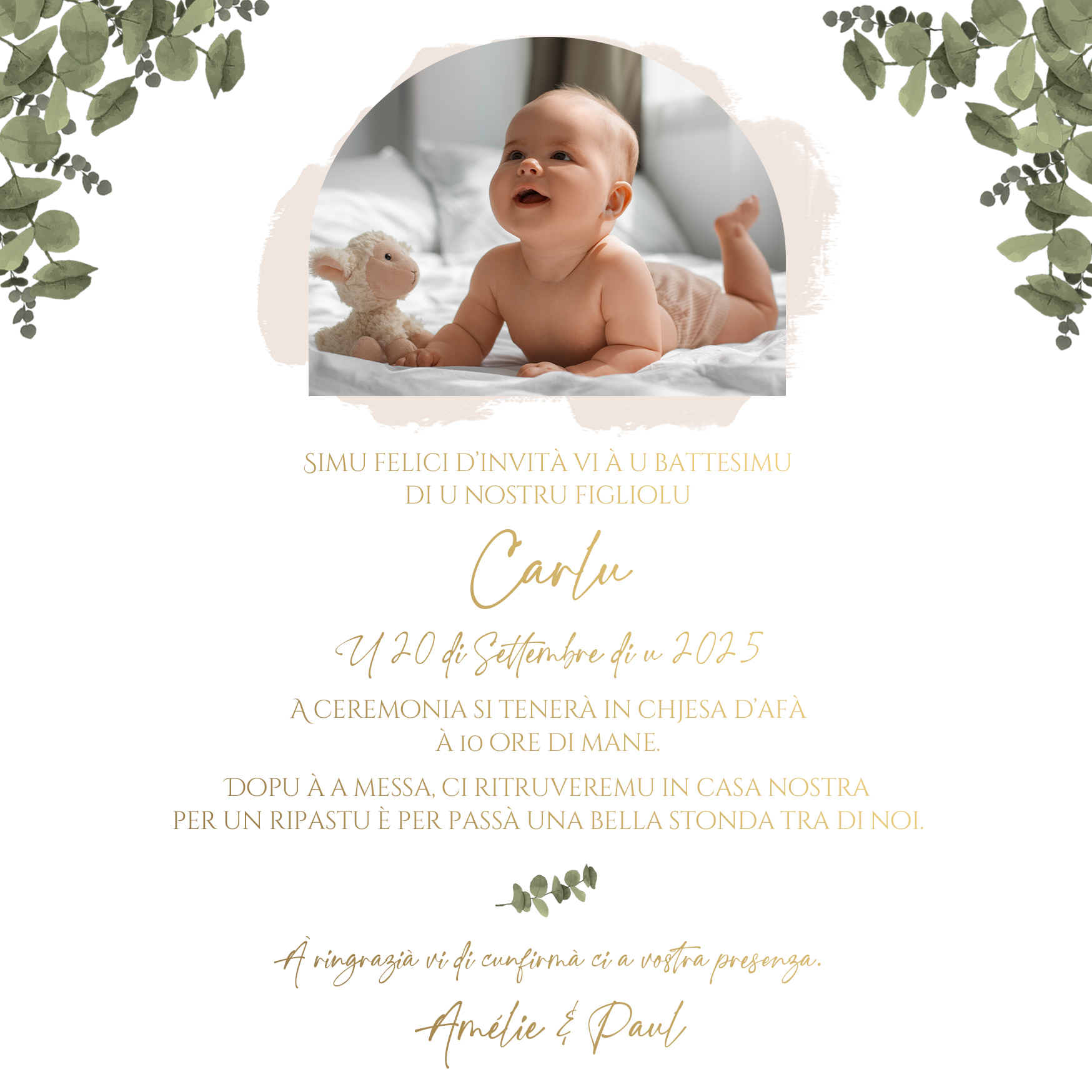 FP bapteme couronne eucalyptus kaki fond beige croix verso