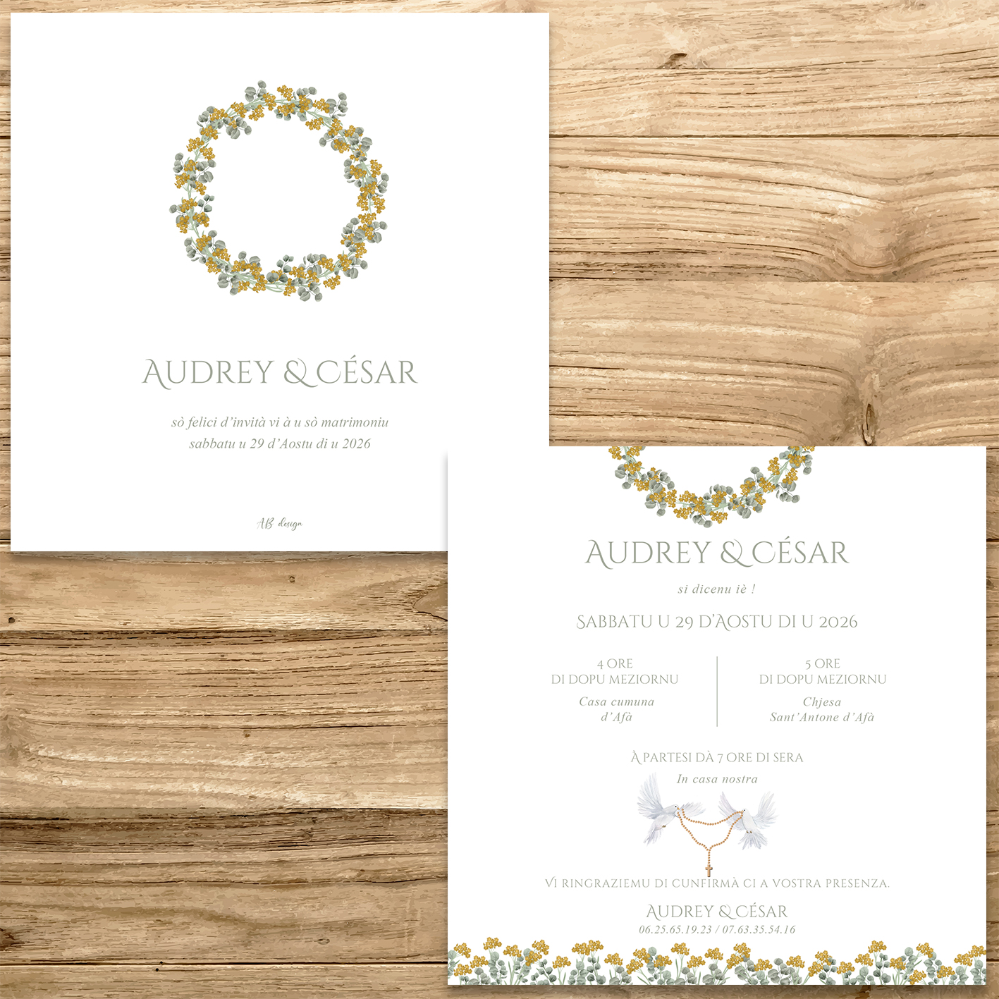 présentation FP mariage petite couronne immortelle eucalyptus vert sauge + cachet de cire