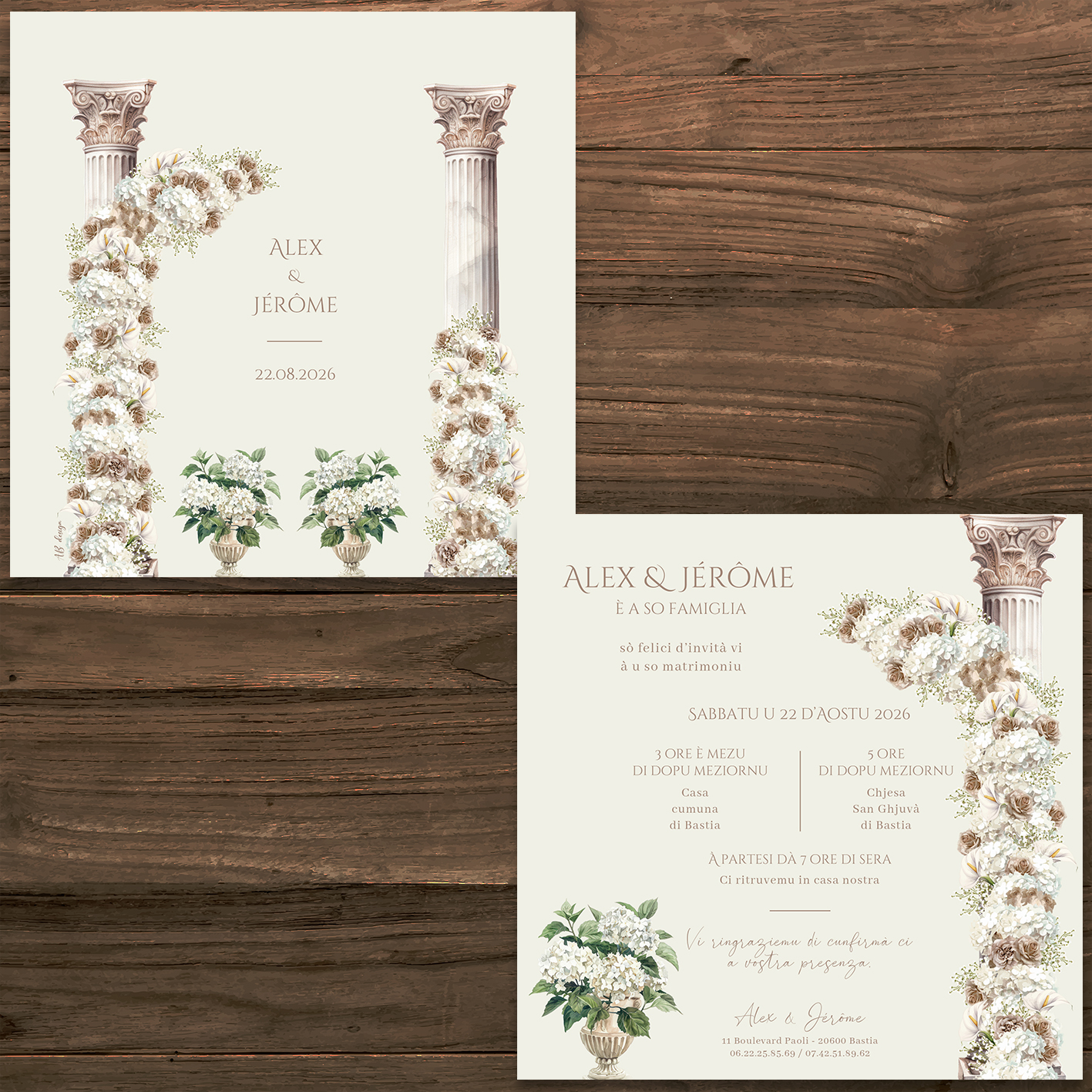 présentation FP mariage colonnes fleurs blanches hortensias roses mocha gypso fond crème