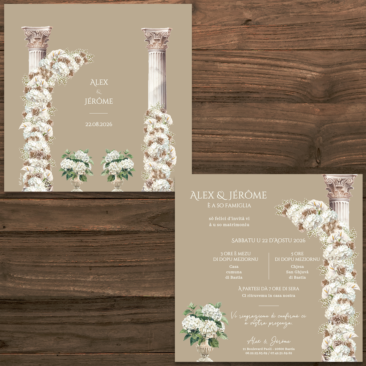 présentation FP mariage colonnes fleurs blanches hortensias roses gypso capucino
