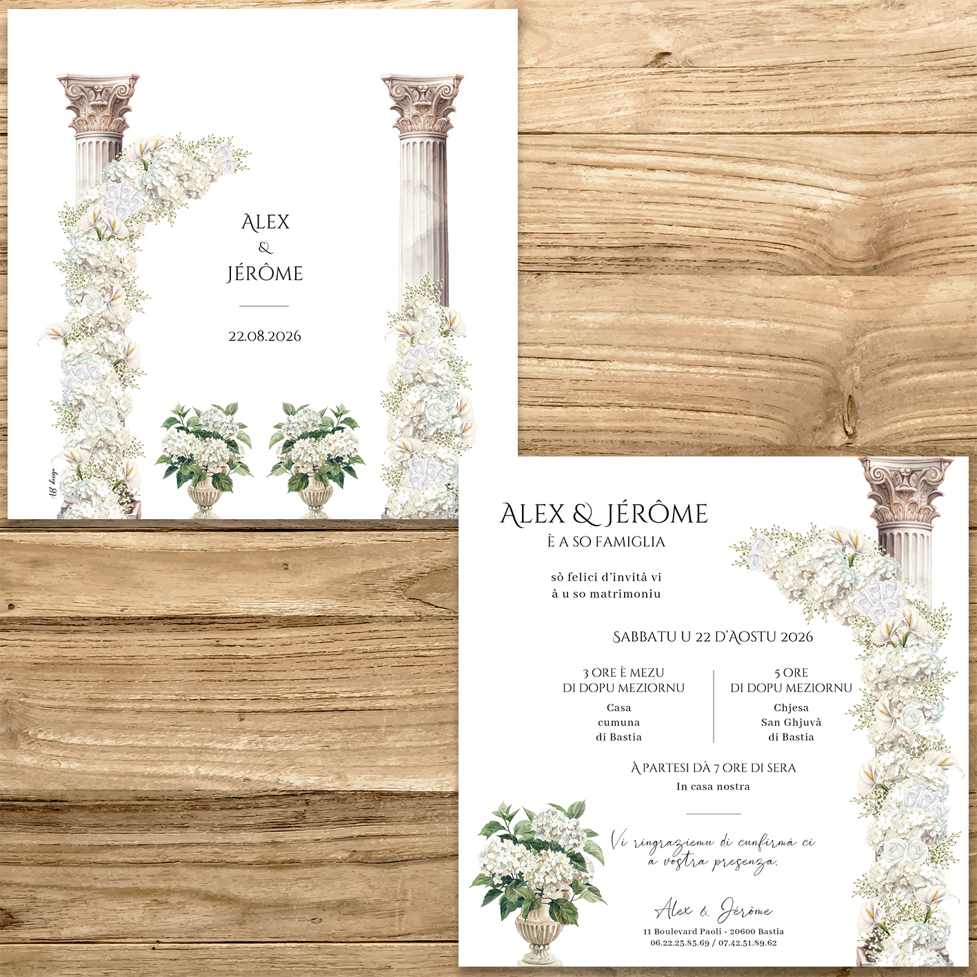 présentation FP mariage colonnes fleurs blanches hortensias roses gypso fond blanc