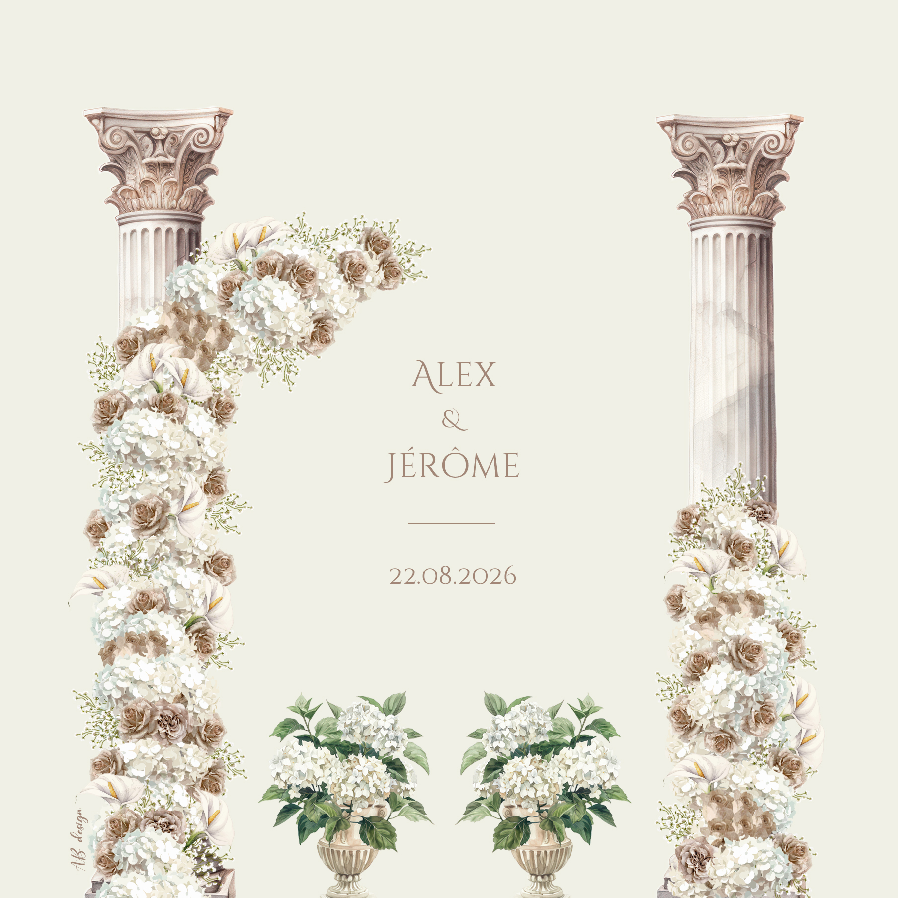 FP mariage colonnes fleurs blanches hortensias roses mocha gypso fond crème recto