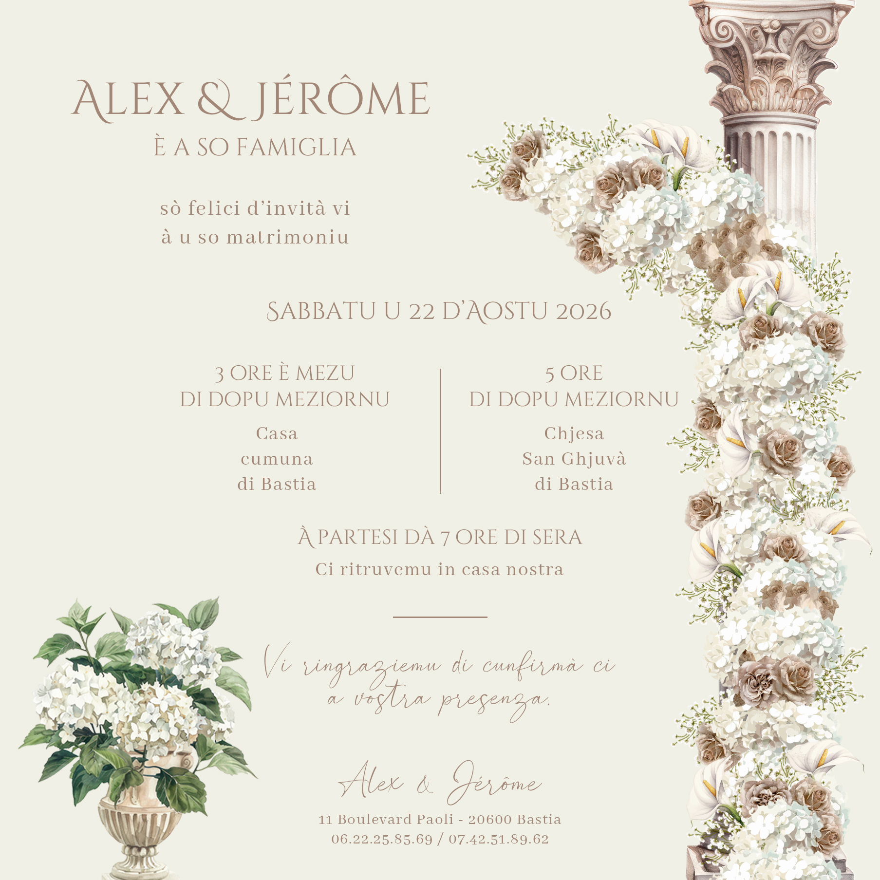 FP mariage colonnes fleurs blanches hortensias roses mocha gypso fond crème verso