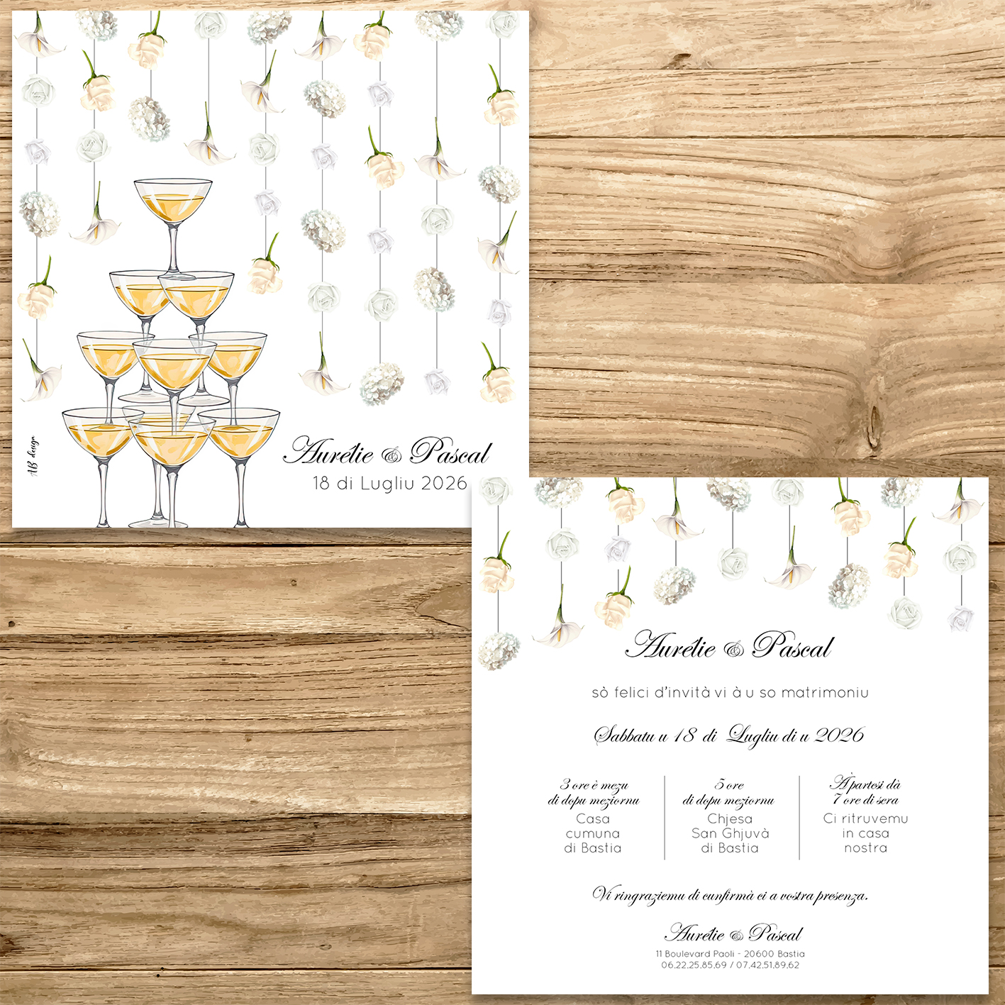 présentation FP mariage rideau de fleurs blanches + pyramide coupes champagne