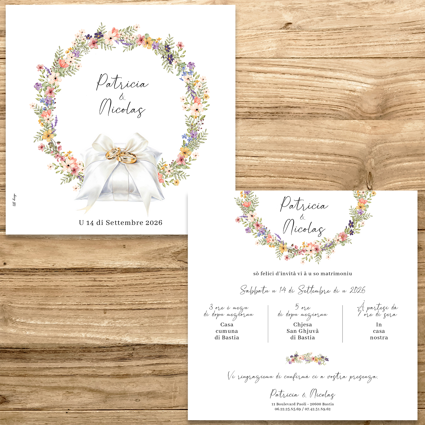 présentation FP mariage couronne fleurs colorées pastel + coussin alliances