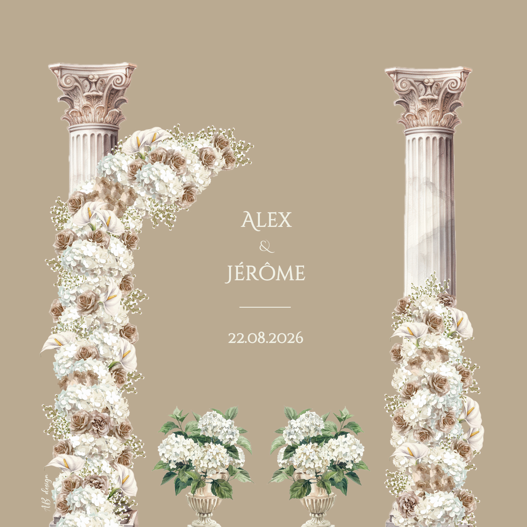 FP mariage colonnes fleurs blanches hortensias roses gypso capucino recto