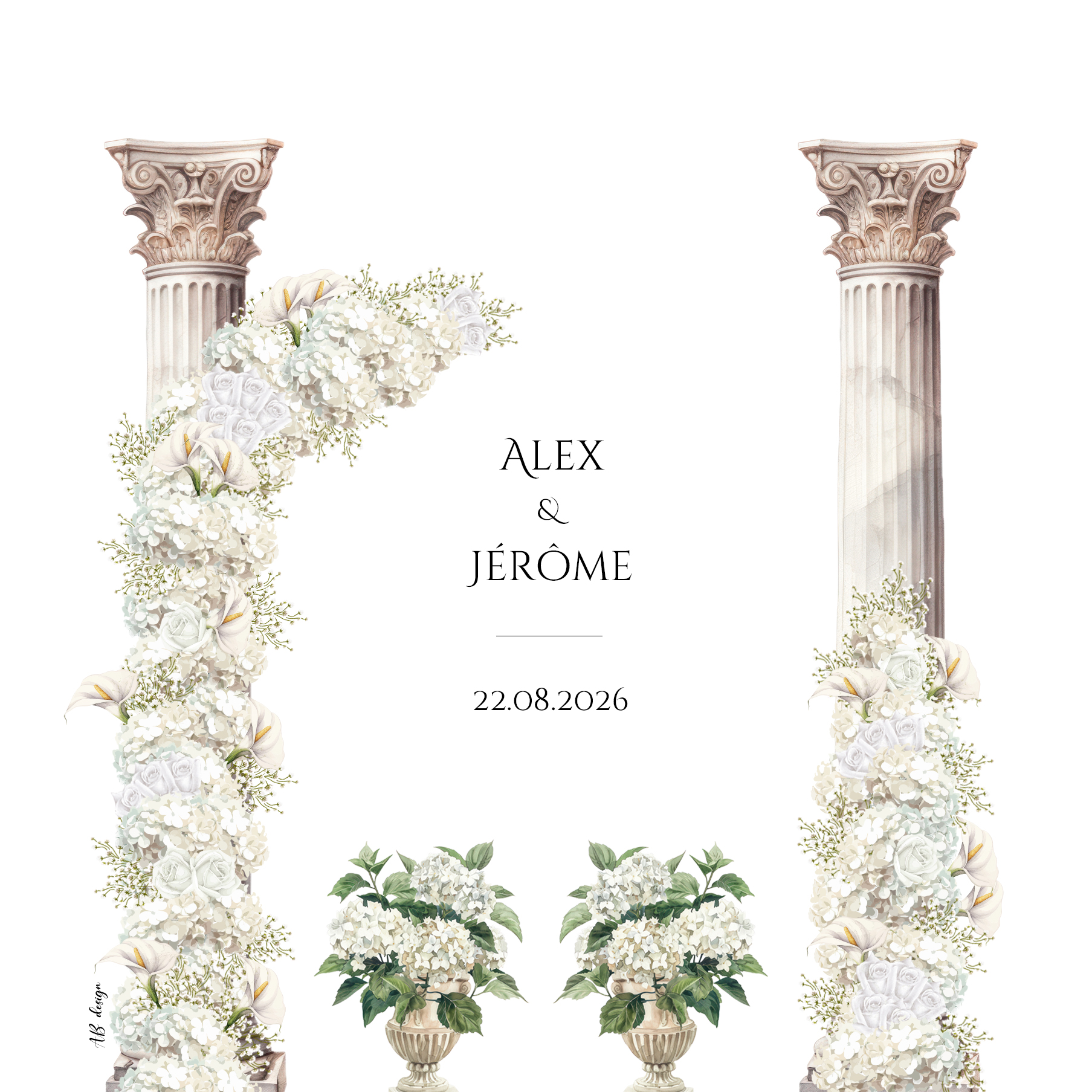 FP mariage colonnes fleurs blanches hortensias roses gypso fond blanc recto