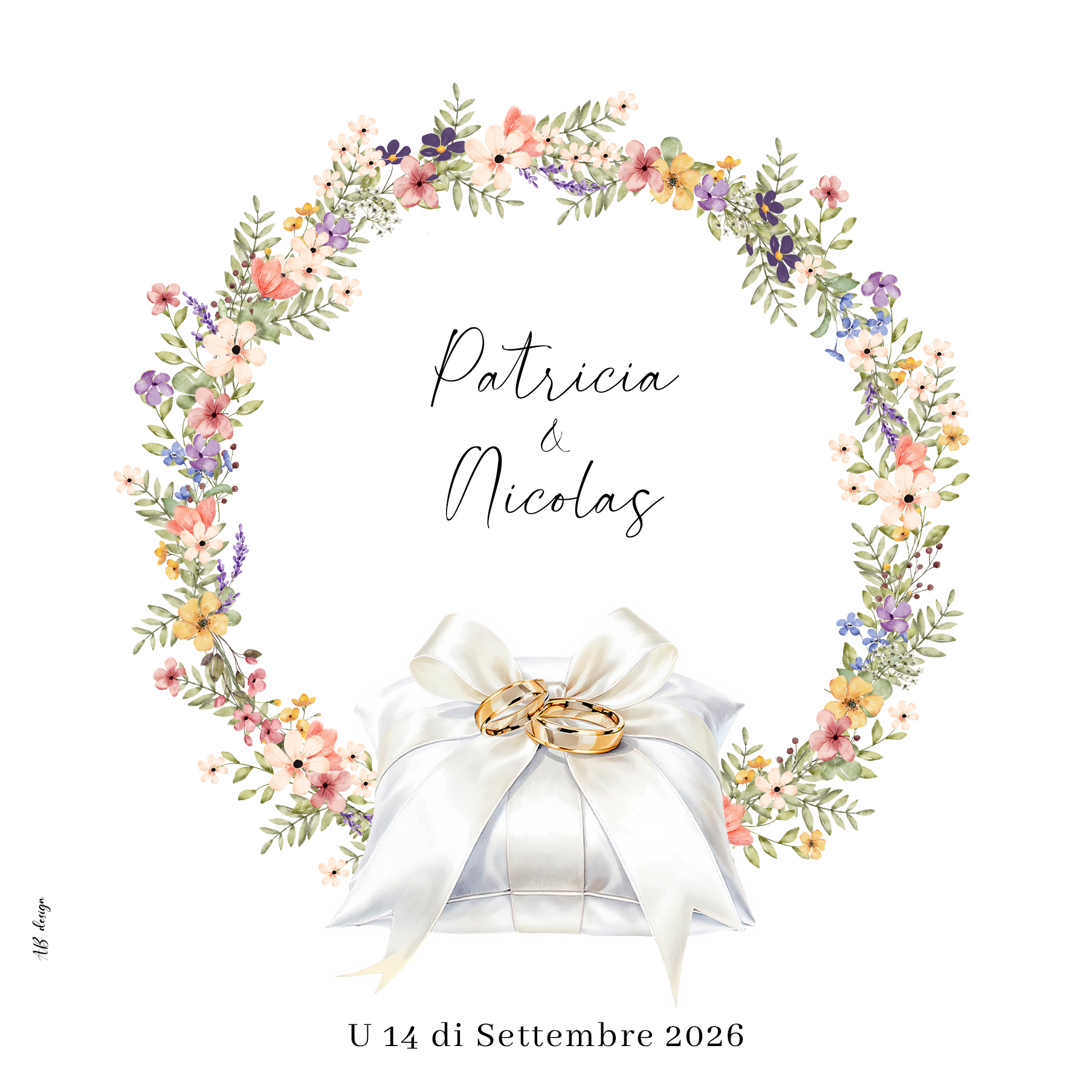 FP mariage couronne fleurs colorées pastel + coussin alliances recto