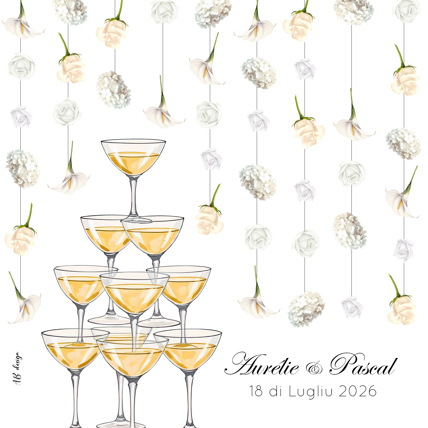 FP mariage rideau de fleurs blanches + pyramide coupes champagne recto
