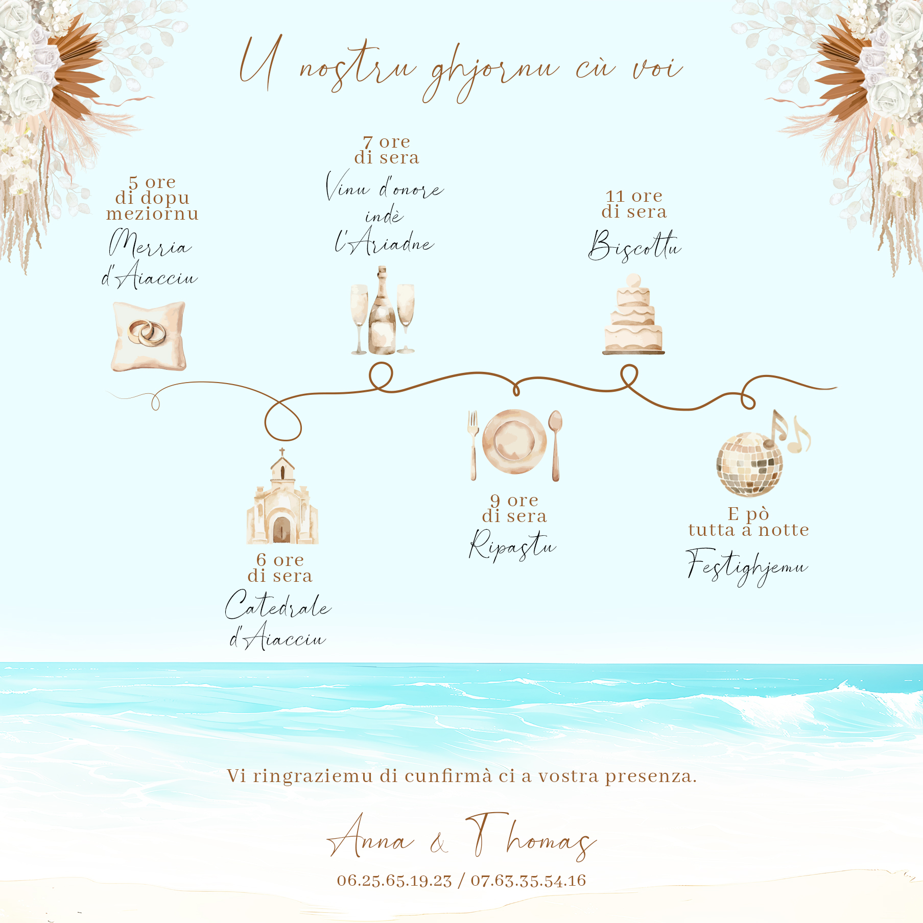 FP mariage plage + arche bohème + mariés verso time line