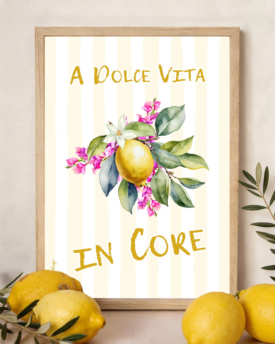 présentation cadre dolce vita citron bougainvillilers rayures jaune pale