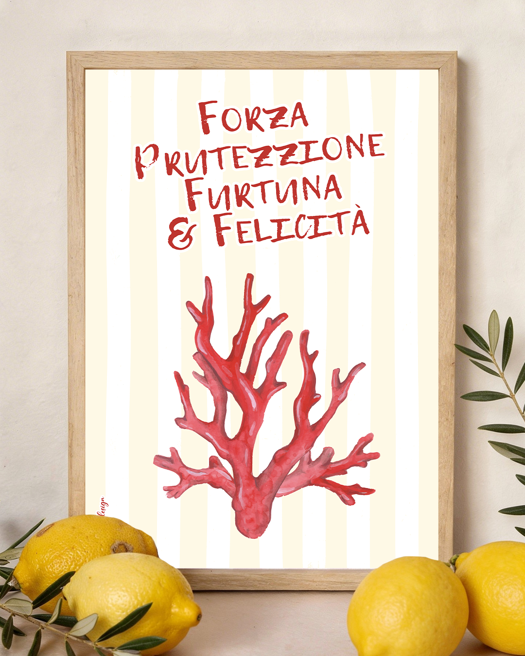 présentation cadre dolce vita corail porte bonheur rayures jaune pale