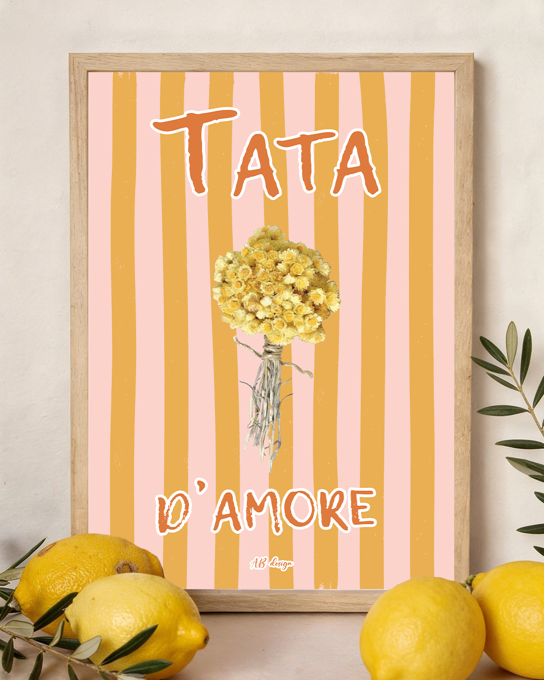 présentation affiche A4 tata damore immortelle rayures moutarde rose poudré