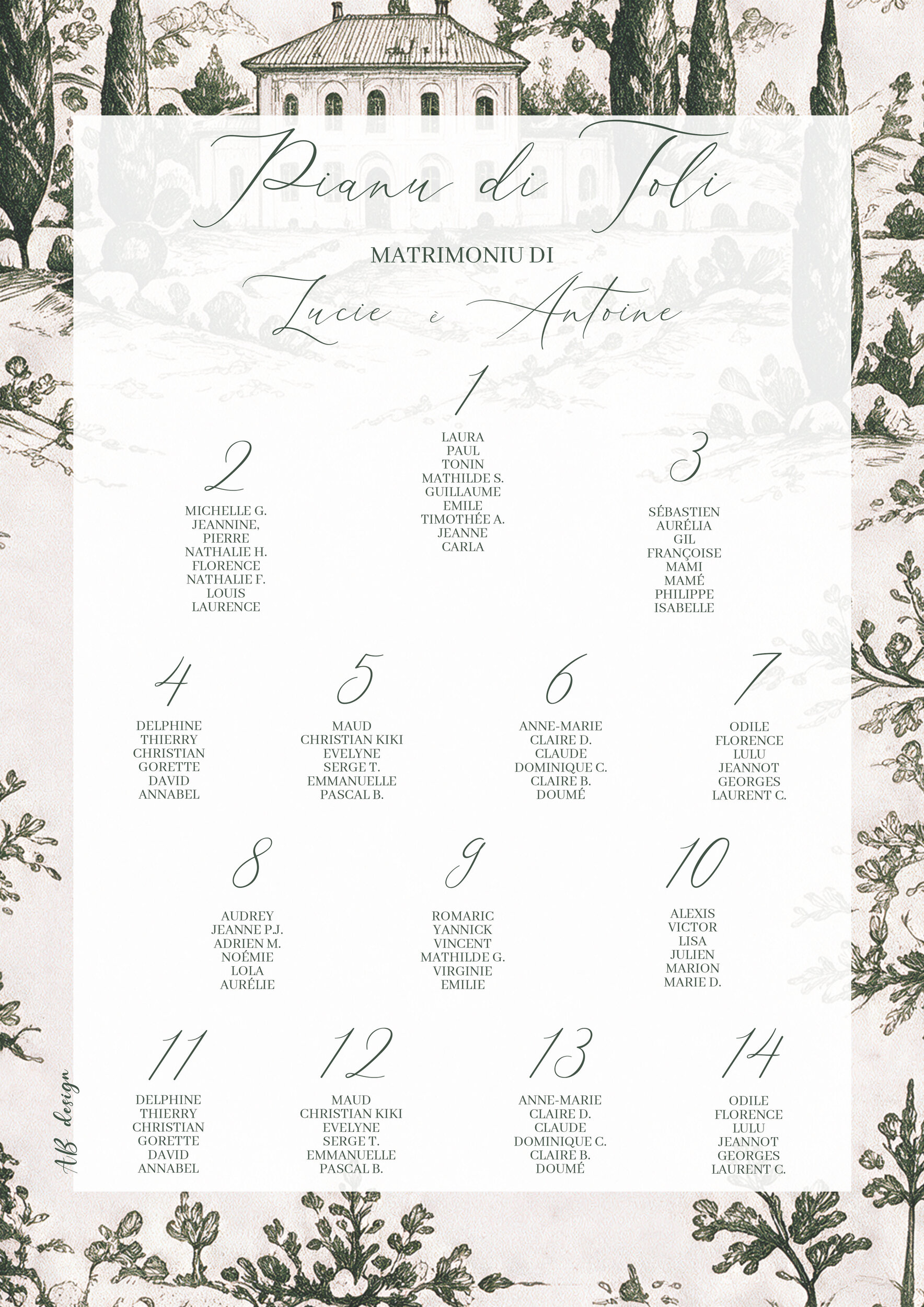 affiche plan de tables 60x80 mariage domaine cyprès monochrome vert foncé