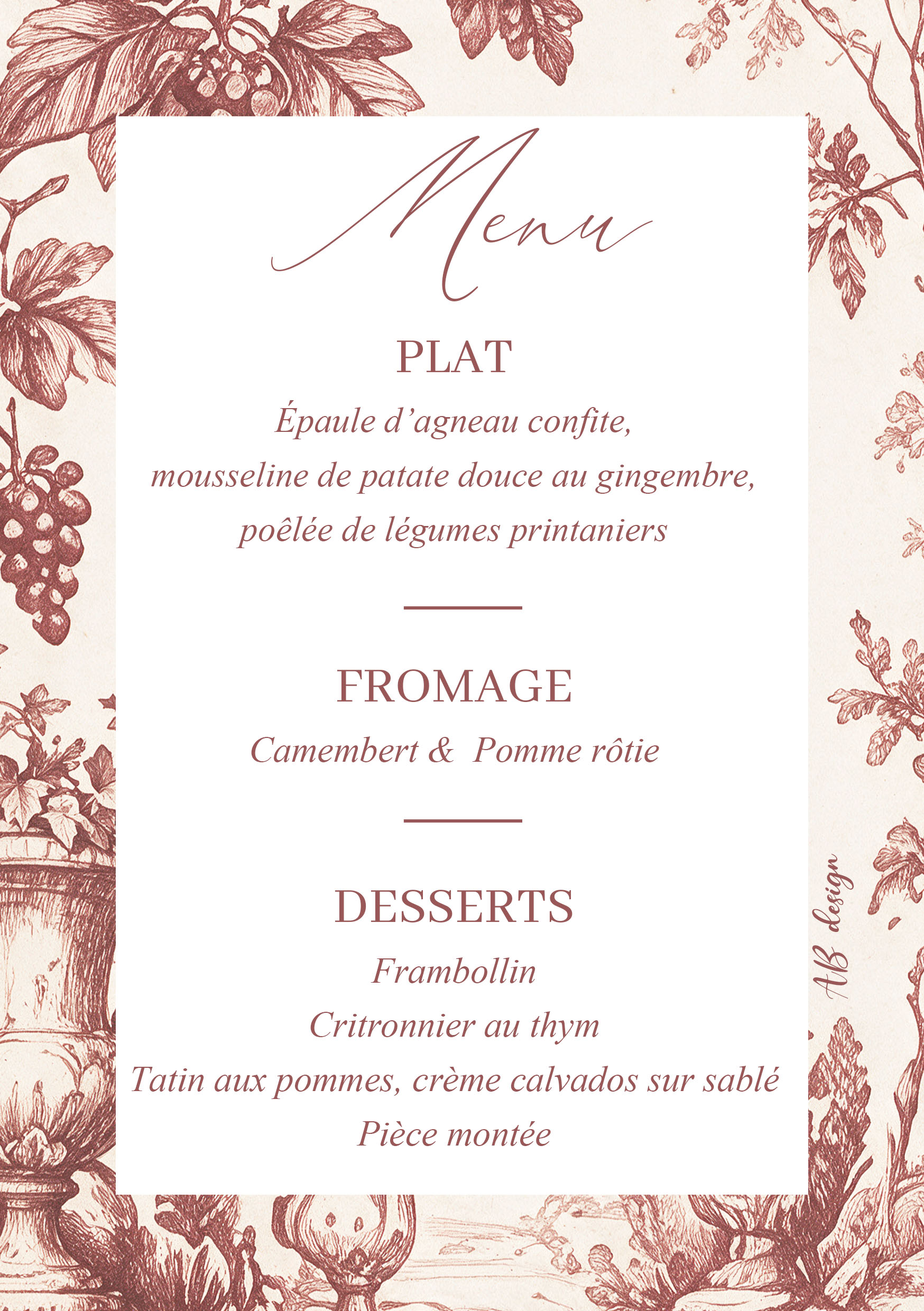 menu A5 mariage vignes monochrome bordeau