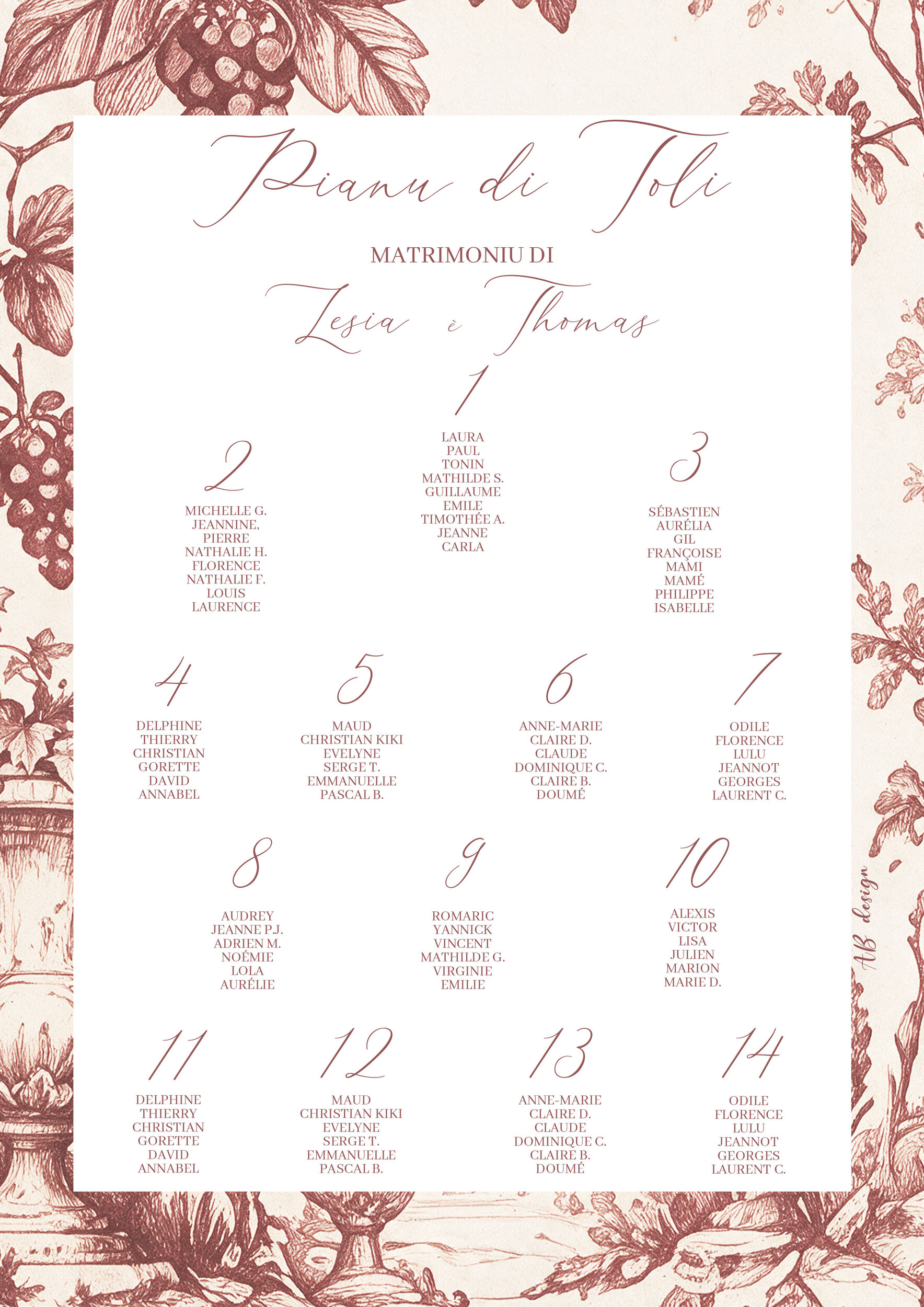 affiche plan de tables 60x80 mariage vignes monochrome bordeau