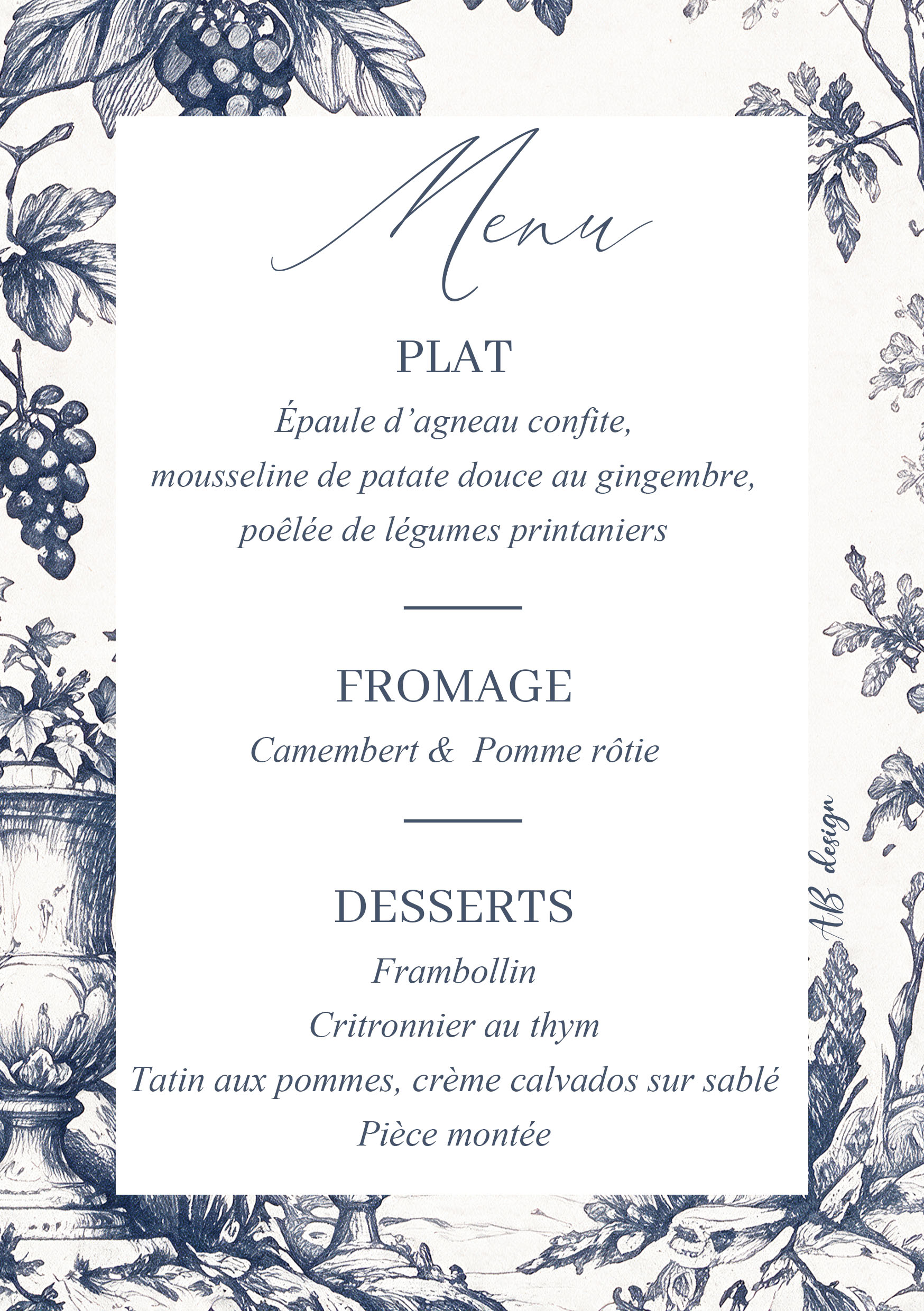 menu A5 mariage vignes monochrome bleu