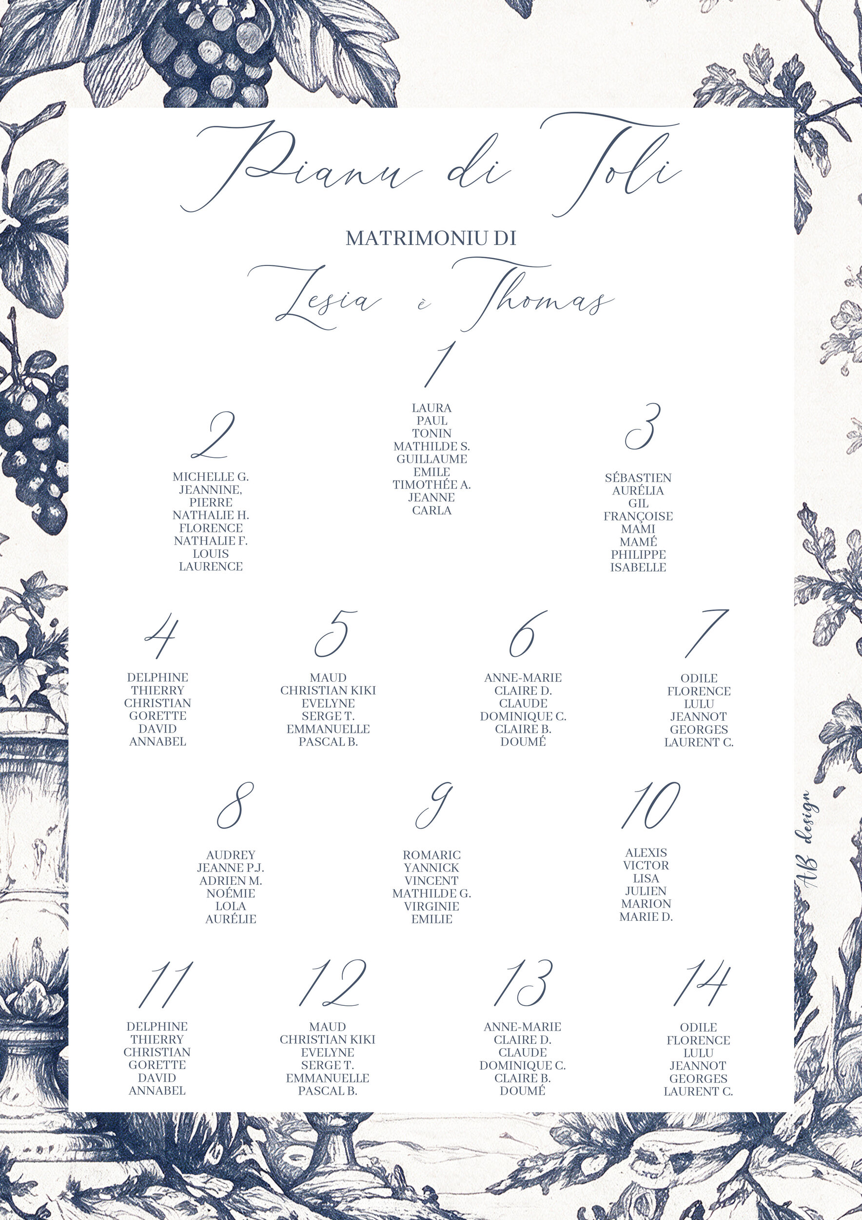 affiche plan de tables 60x80 mariage vignes monochrome bleu