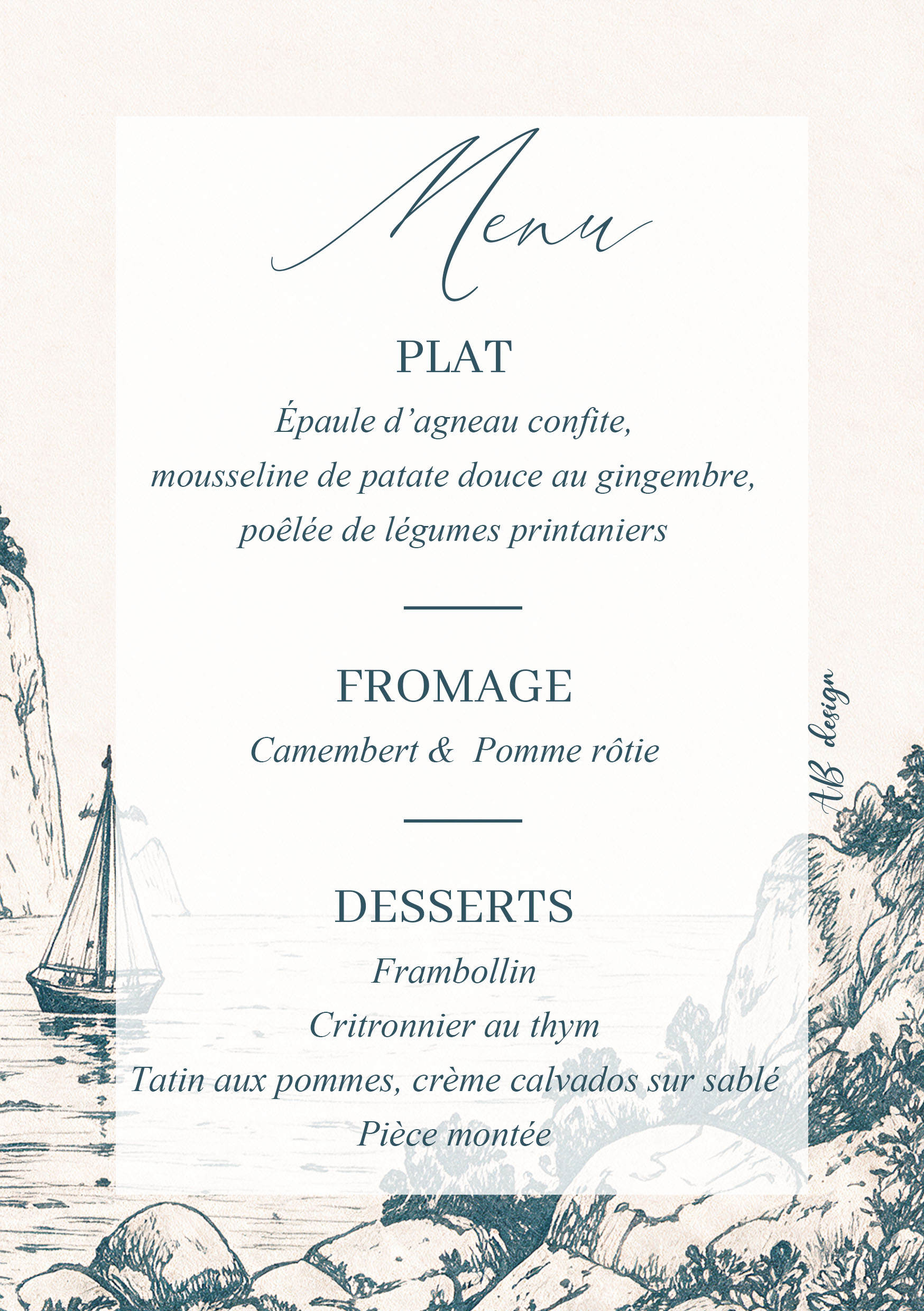 menu A5 mariage bord de mer monochrome bleu