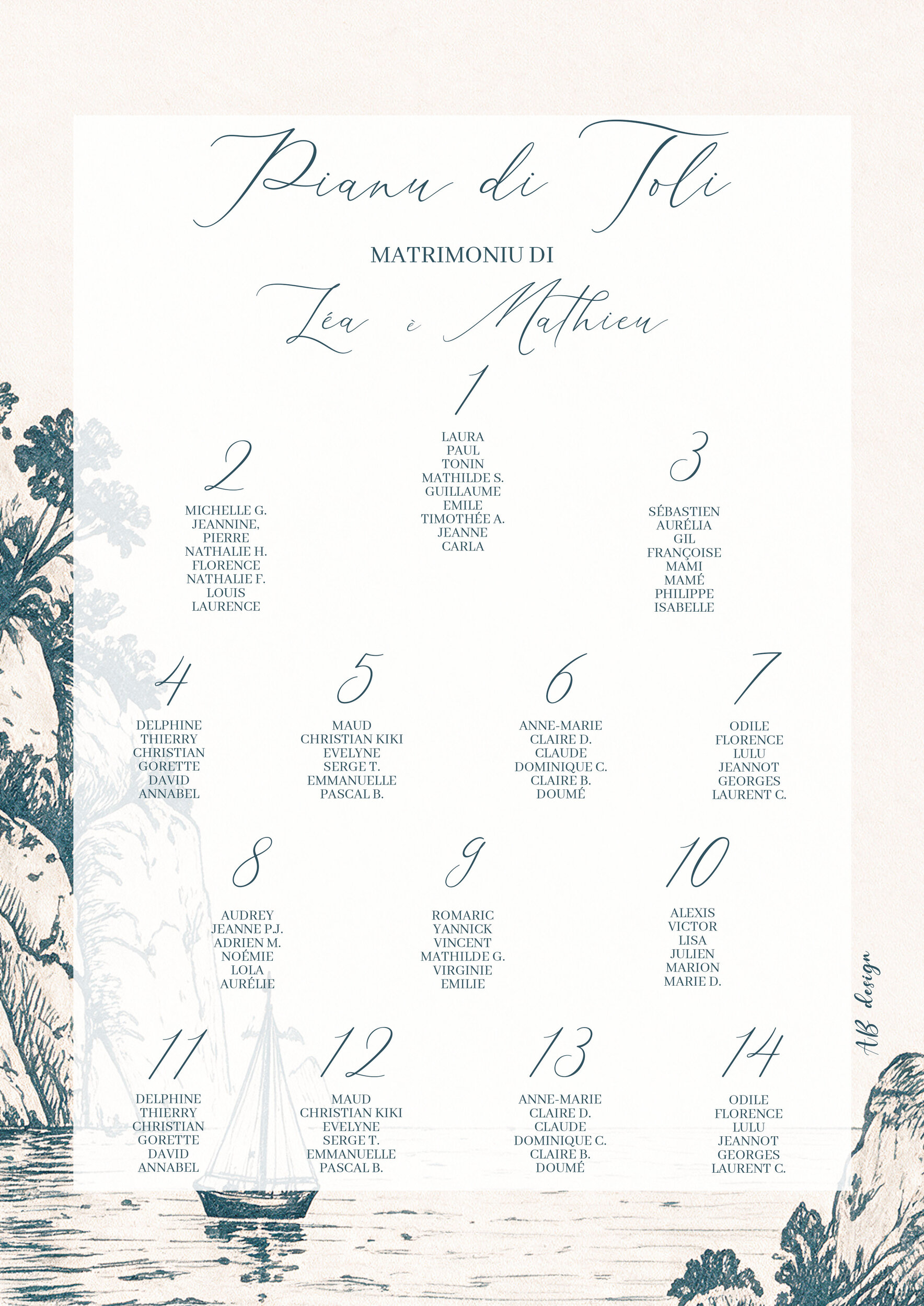 affiche plan de tables 60x80 mariage bord de mer monochrome bleu