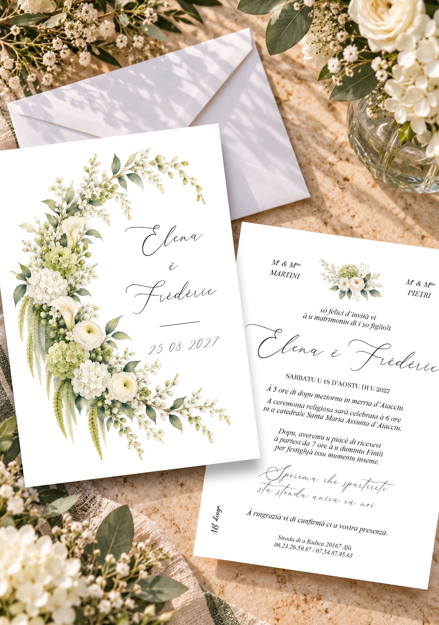 présentation FP mariage couronne ovale fleurs vertes et blanches