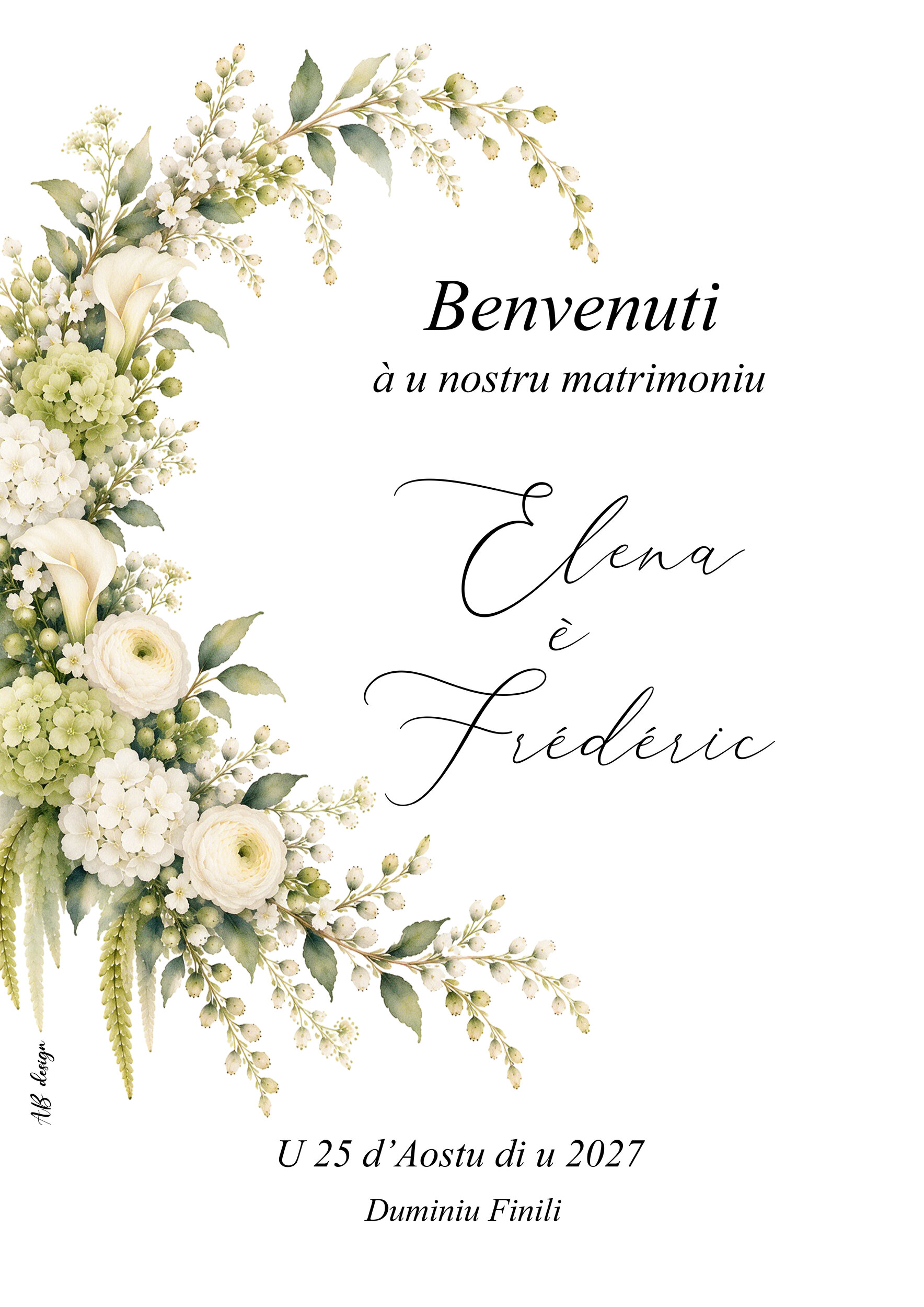 affiche A3 bienvenue mariage couronne ovale fleurs vertes et blanches