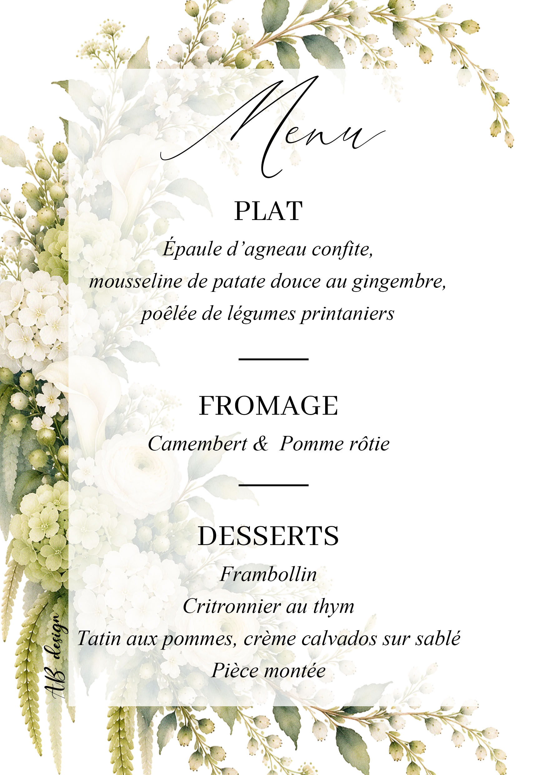 menu A5 mariage couronne ovale fleurs vertes et blanches