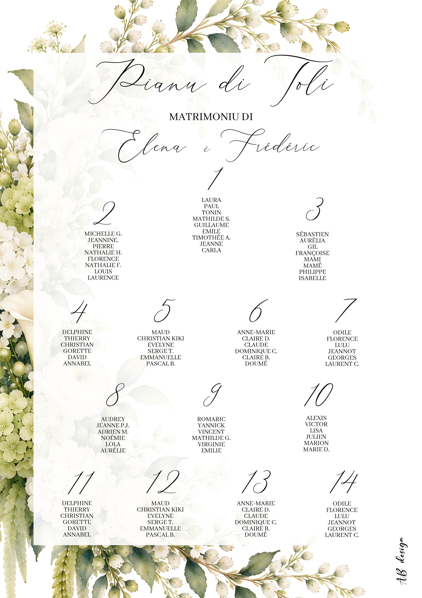 affiche plan de tables 60x80 mariage couronne ovale fleurs vertes et blanches