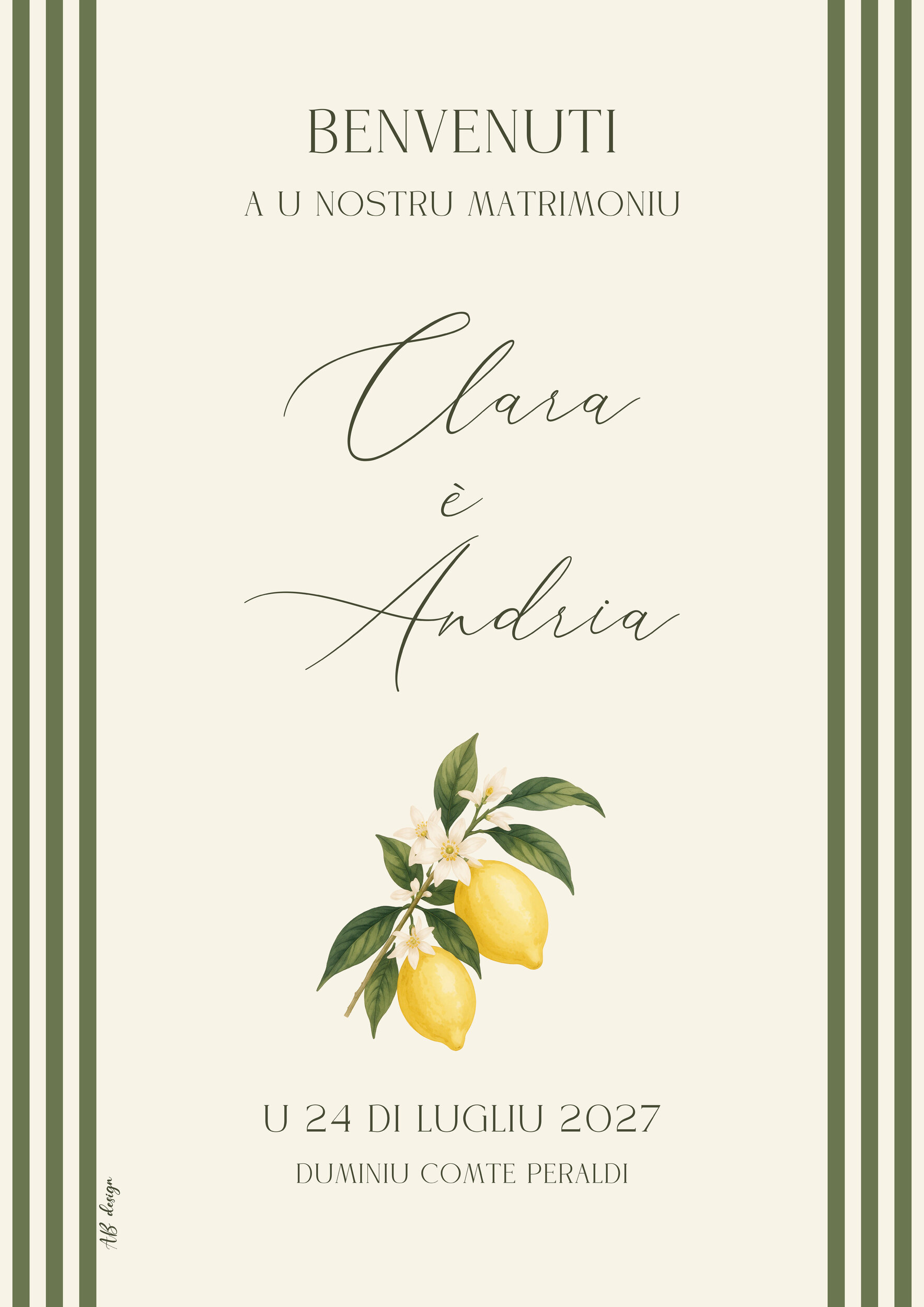 affiche A3 bienvenue mariage dolce vita citron rayures vertes