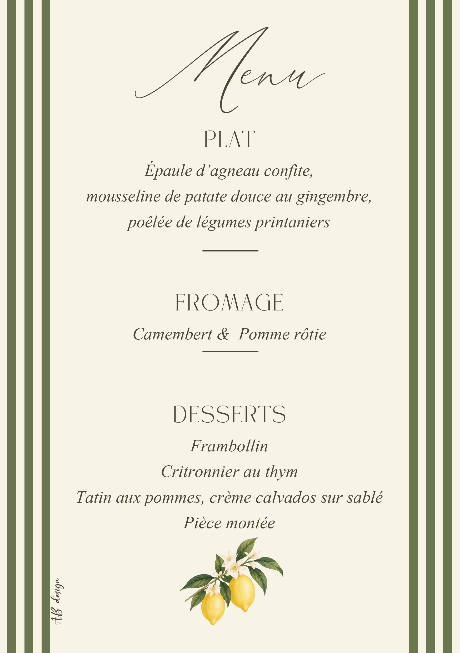 menu A5 mariage dolce vita citron + rayures vertes
