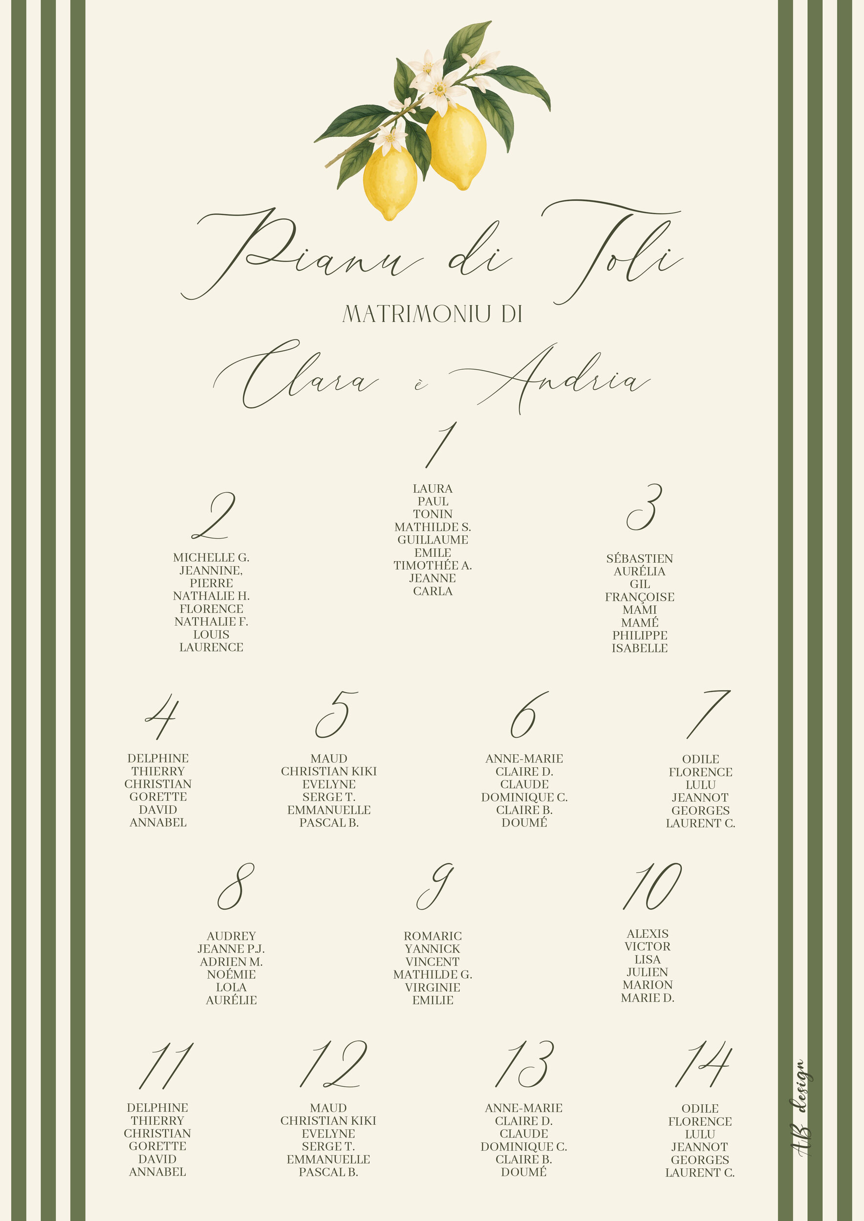 affiche plan de tables 60x80 mariage dolce vita citron + rayures vertes