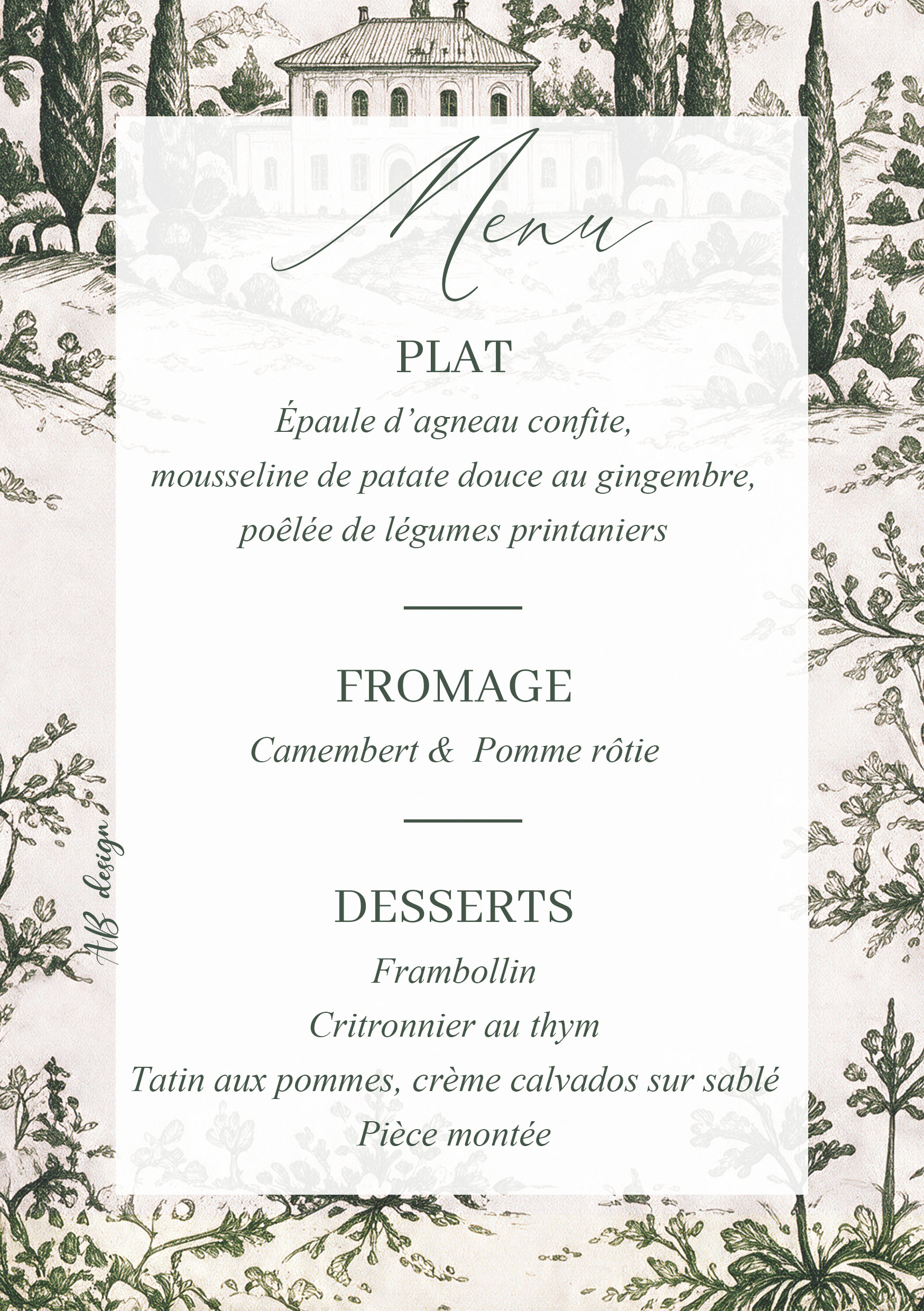 menu A5 mariage domaine cyprès monochrome vert foncé