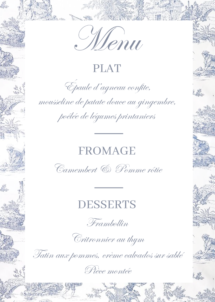 menu A5 toile de jouy bleu