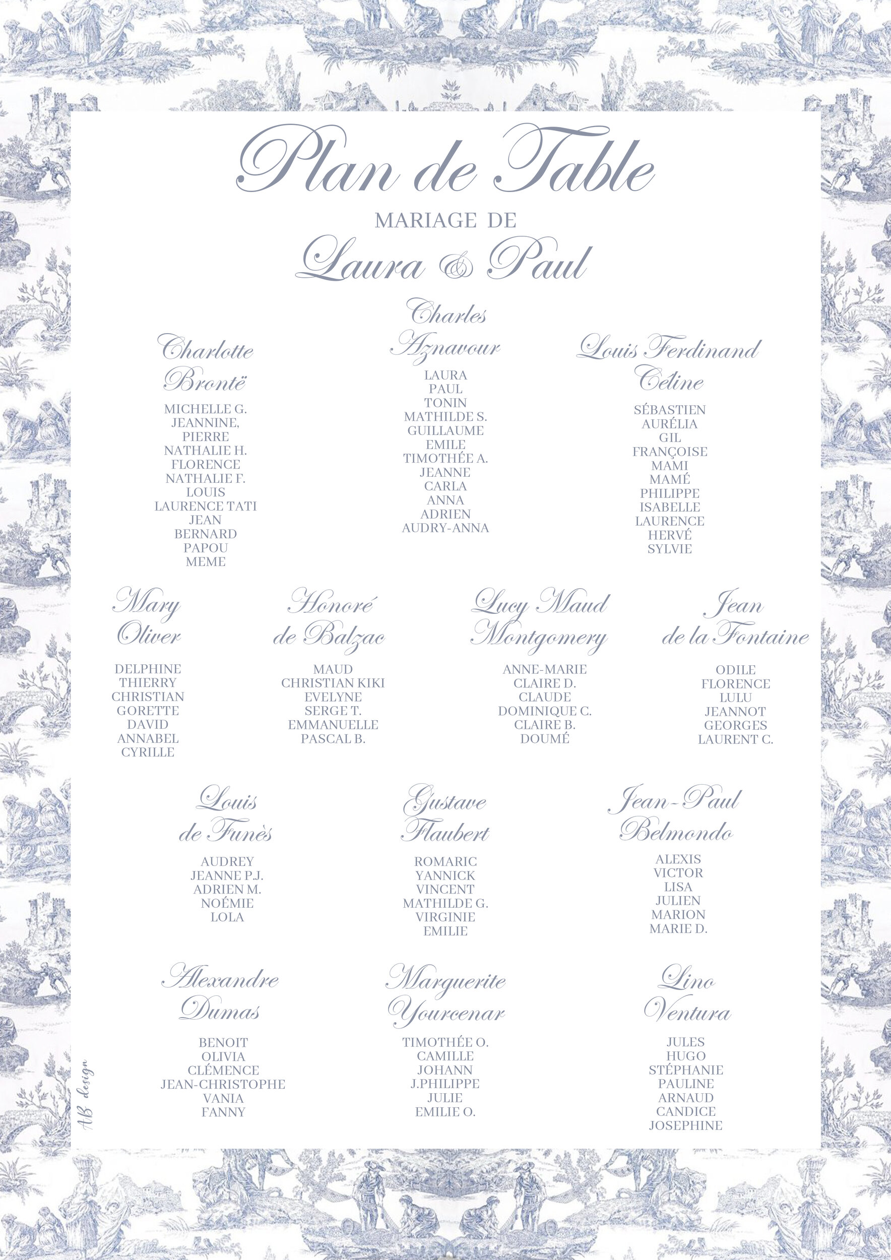 affiche plan de tables 60x80 mariage laura et paul toile de jouy bleue