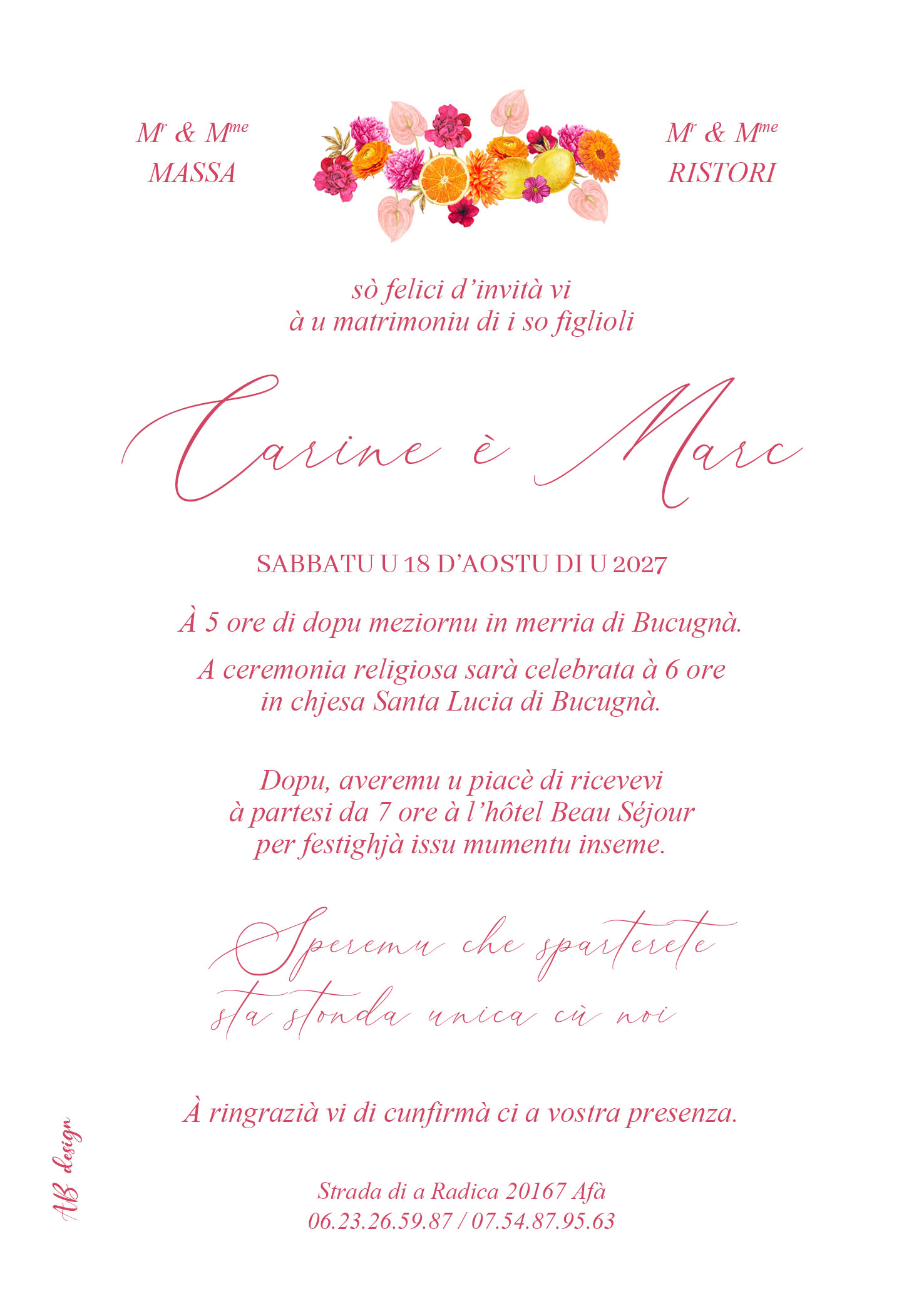 FP mariage couronne fleurs orange et fuchsia 12,5x17,8 verso