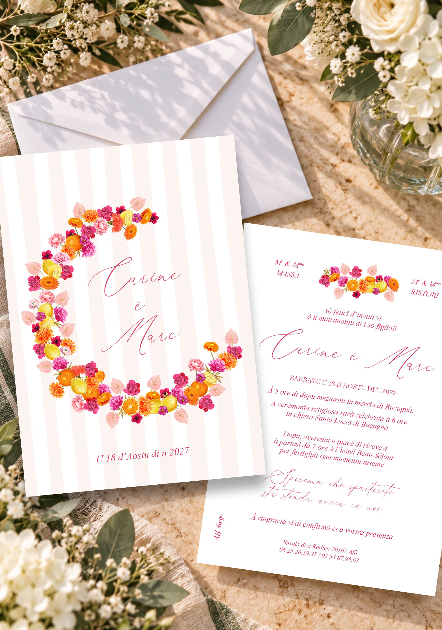 présentation FP mariage couronne fleurs orange et fuchsia 12,5x17,8