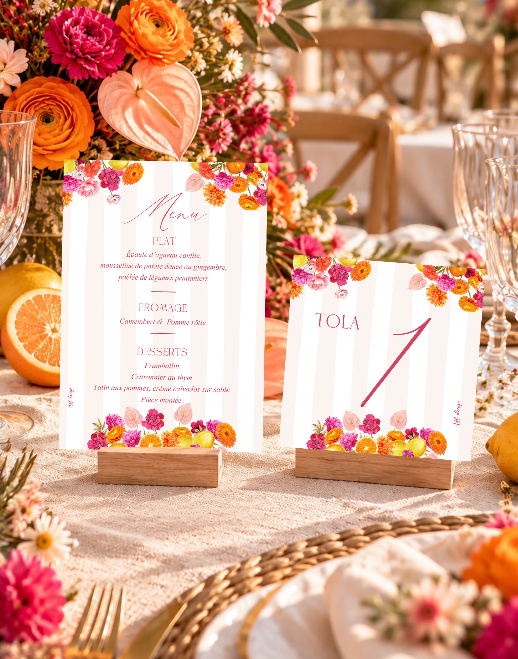 présentation menu couronne fleurs orange et fuchsia