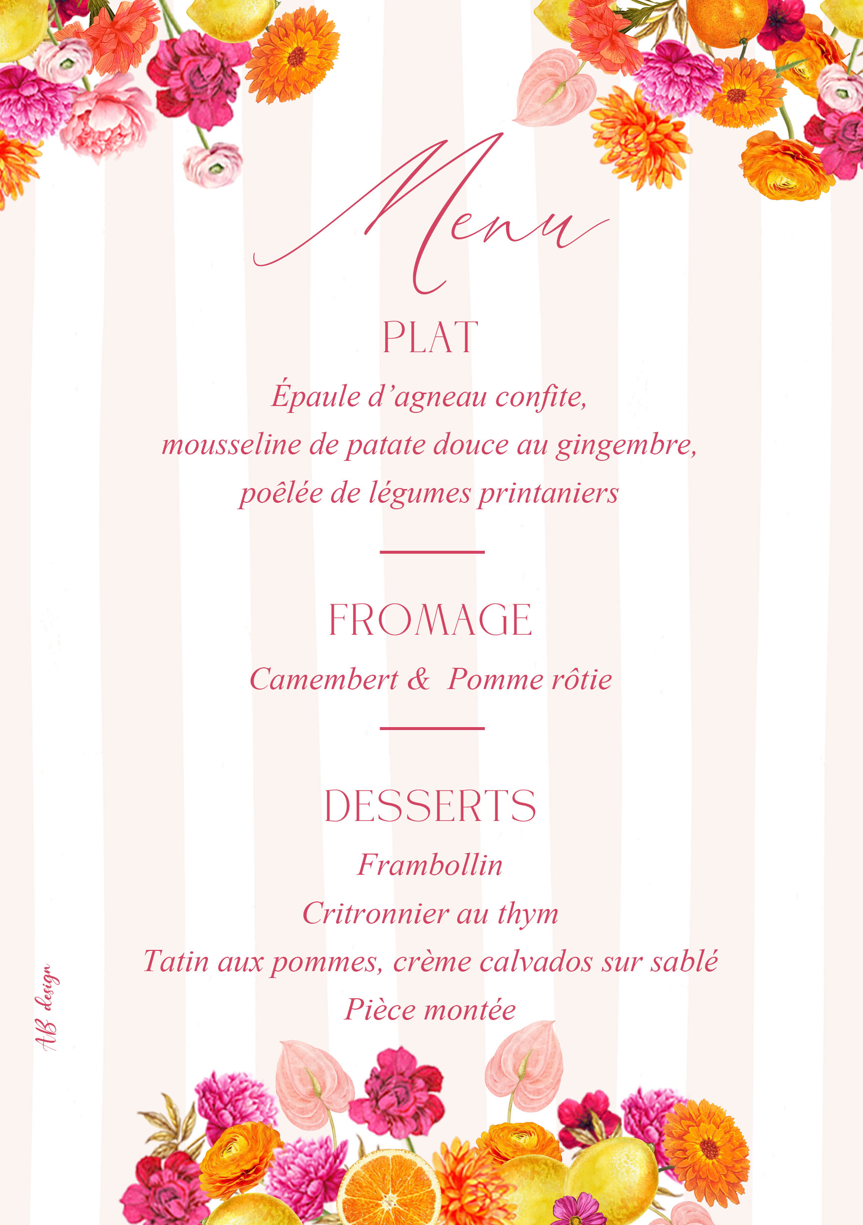 menu A5 mariage couronne fleurs orange et fuchsia