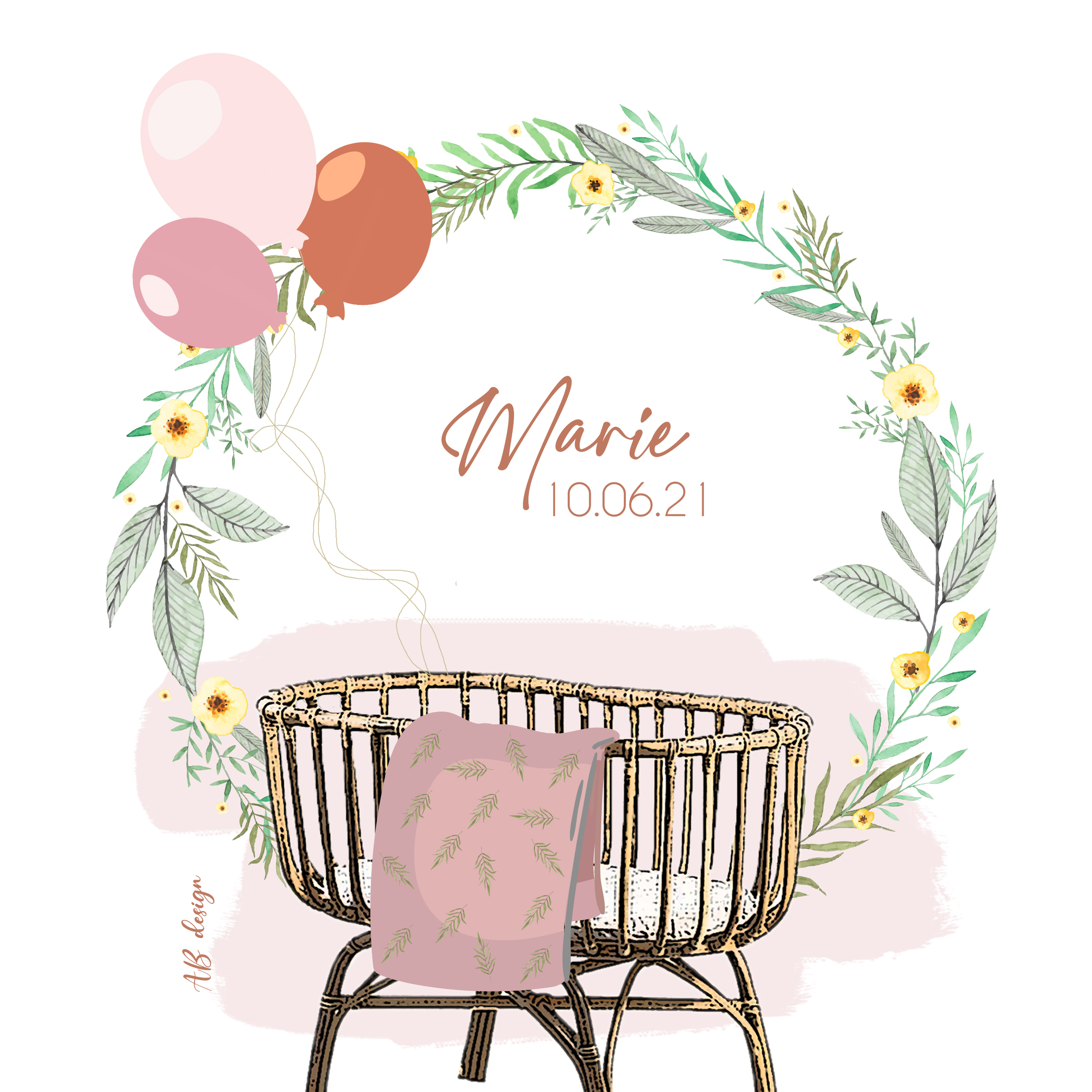 faire-part naissance marie couronne fleurs couffin rotin ballons recto