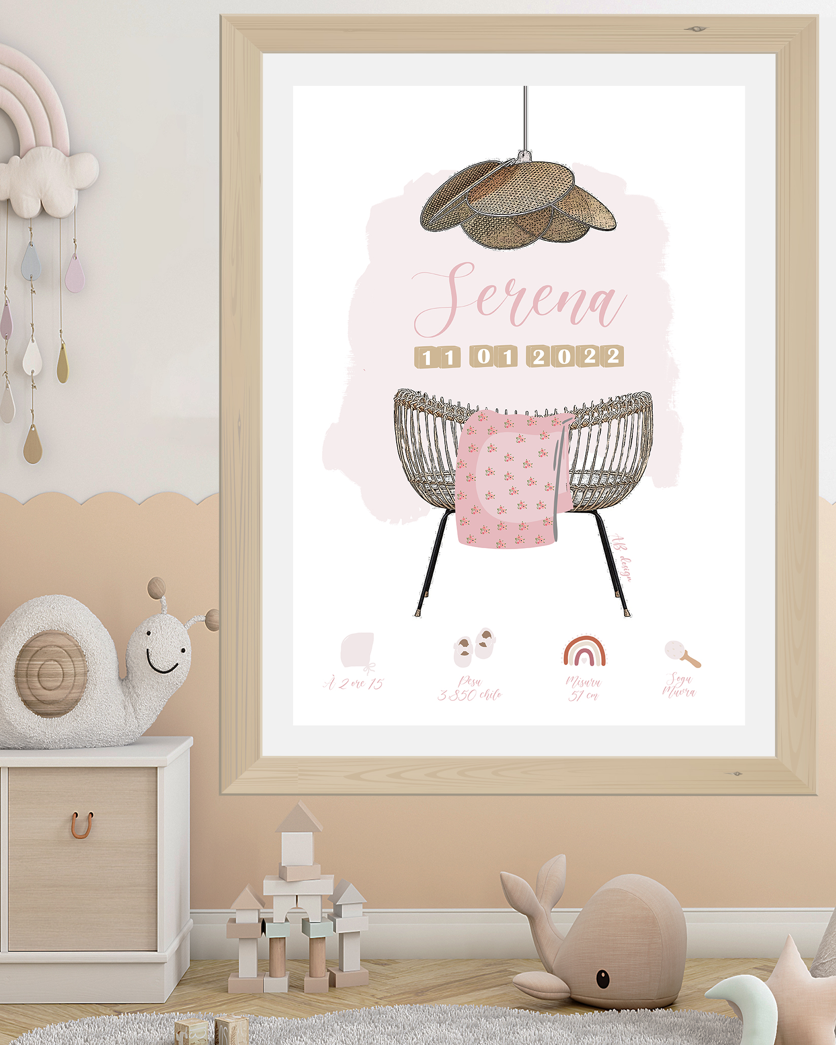 présentation affiche berceau rotin fille rose pale lustre canage