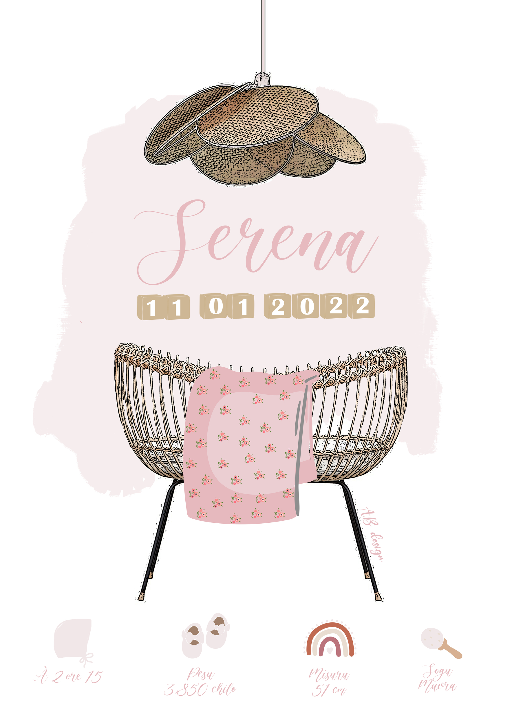 affiche berceau rotin fille rose pale lustre canage