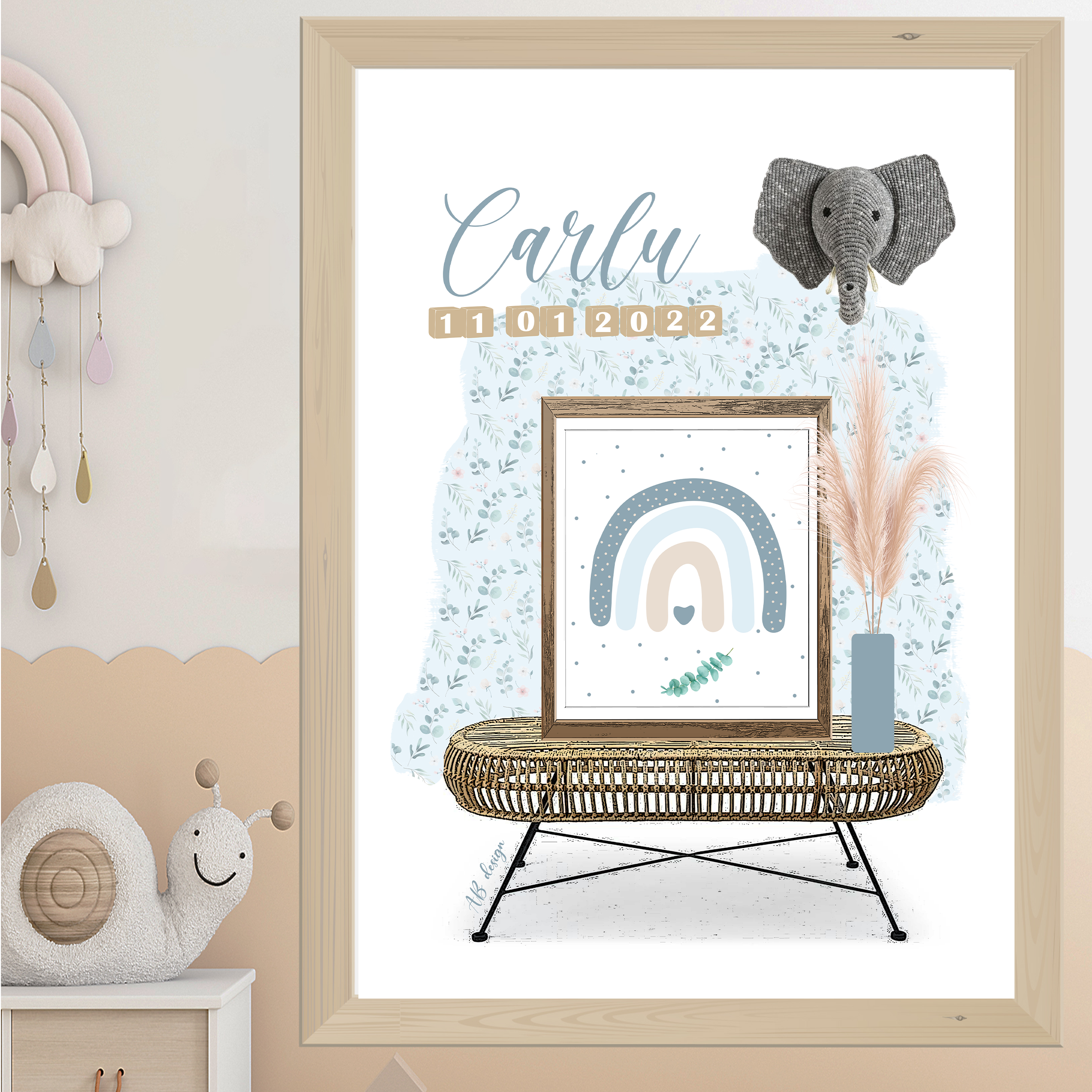 présentation affiche naissance banc éléphant bleu garçon