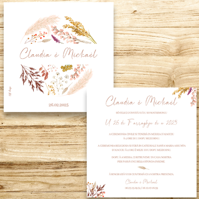 présentation faire-part mariage fleurs séchées forme ronde