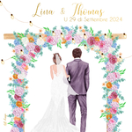 FP mariage arche + fleurs colorées pastel + guirlande + couple recto