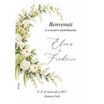affiche A3 bienvenue mariage couronne ovale fleurs vertes et blanches
