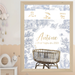 présentation affiche naissance toile de jouy bleue