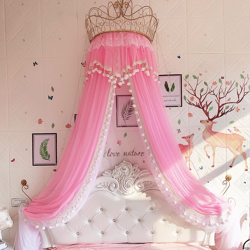 Princess Bed Canopy with Crown | Pink Veil + Pompoms